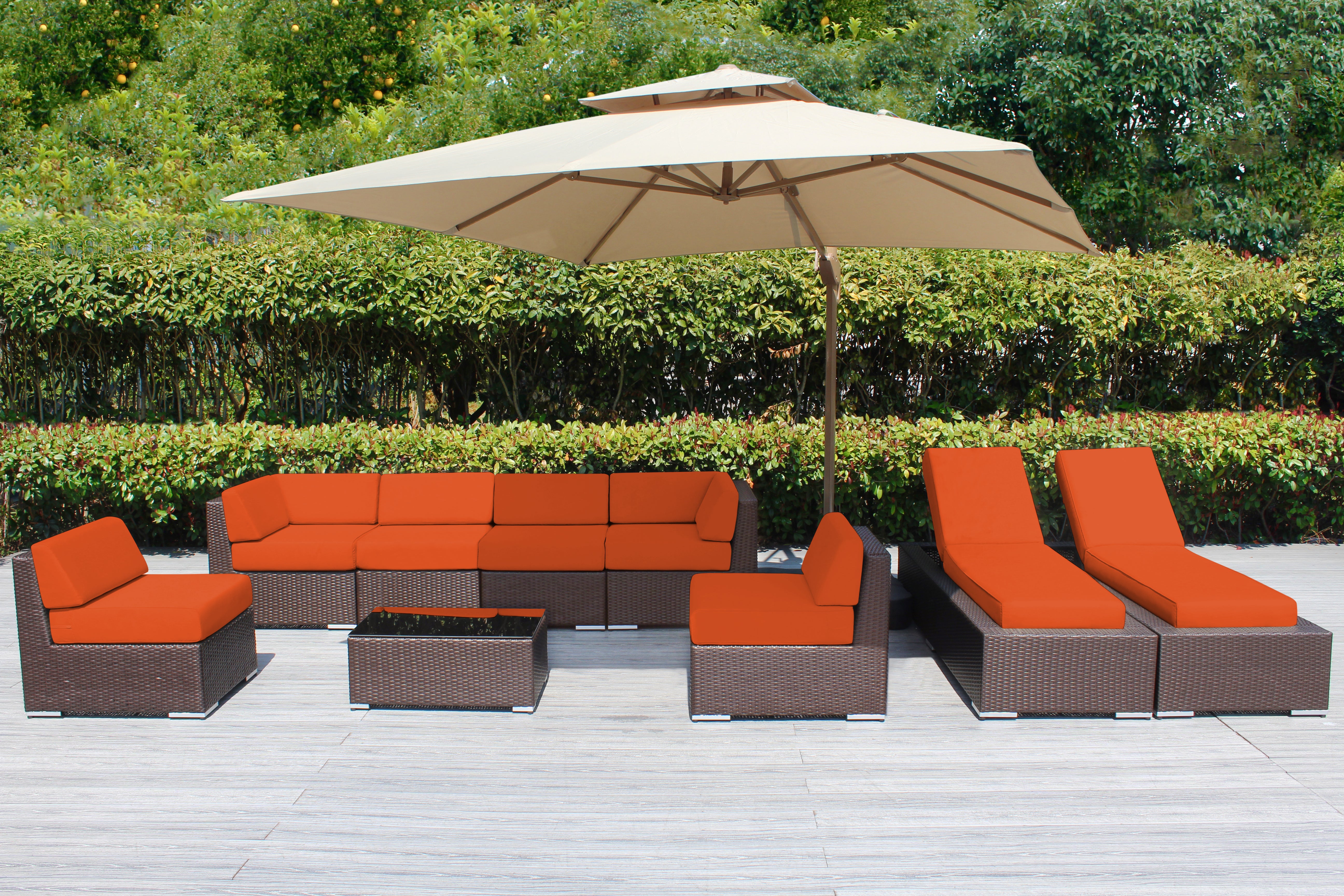 Fully Assembled Rainshield Patio Furniture - Ohana 9 Piece Outdoor Sectional and Chaise Lounge with 6-inch Cushions
