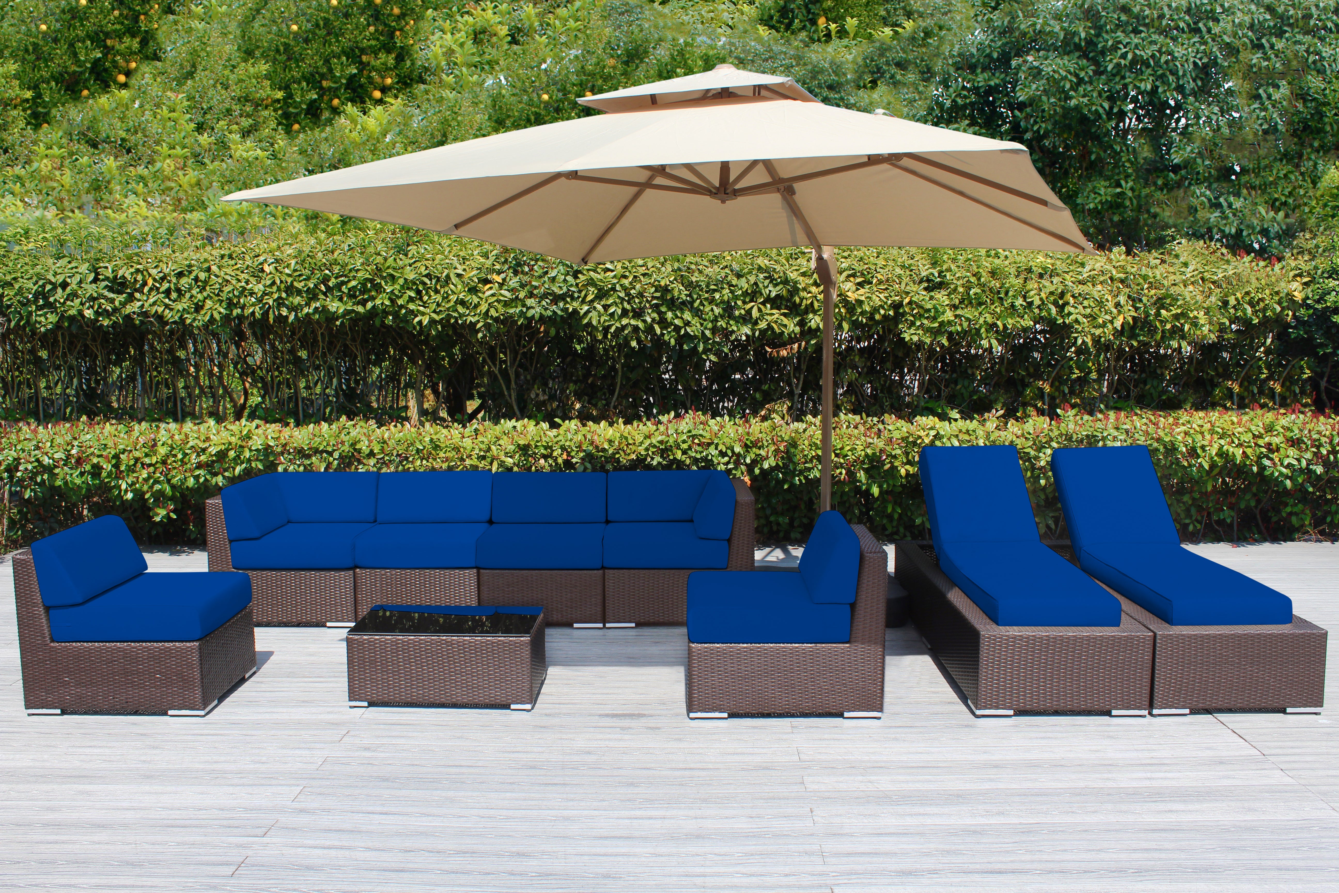Fully Assembled Rainshield Patio Furniture - Ohana 9 Piece Outdoor Sectional and Chaise Lounge with 6-inch Cushions