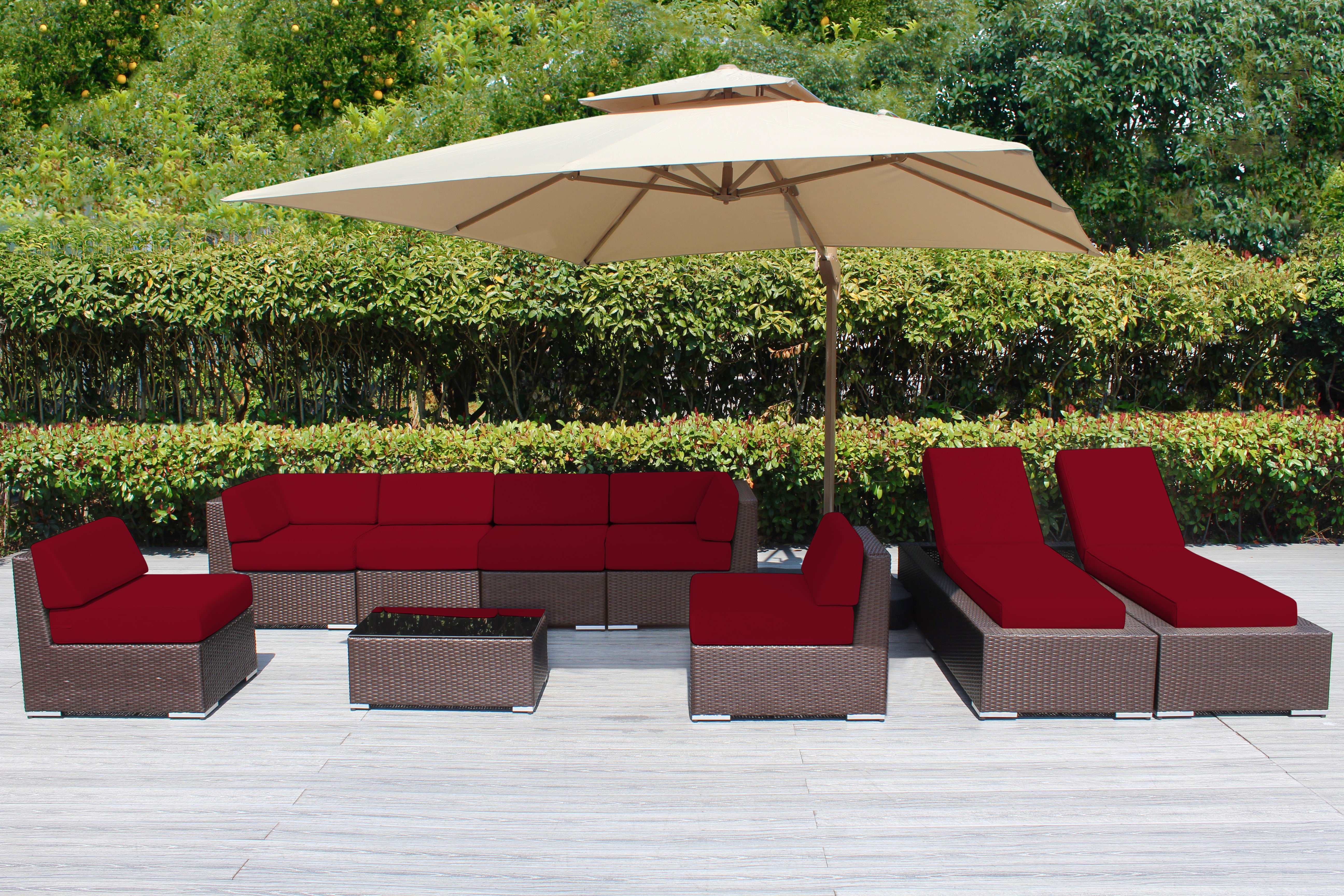 Fully Assembled Rainshield Patio Furniture - Ohana 9 Piece Outdoor Sectional and Chaise Lounge with 6-inch Cushions