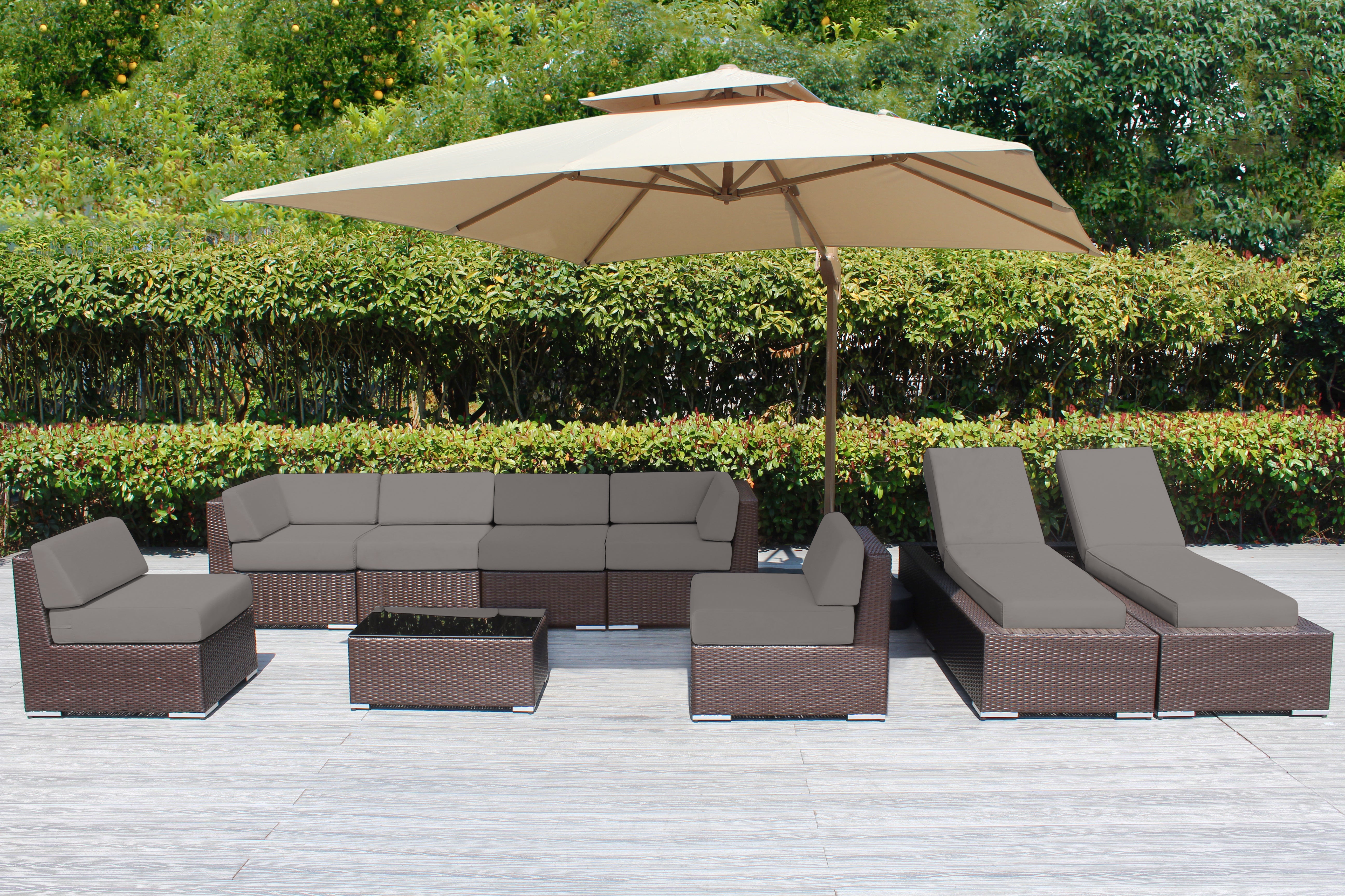 Fully Assembled Rainshield Patio Furniture - Ohana 9 Piece Outdoor Sectional and Chaise Lounge with 6-inch Cushions