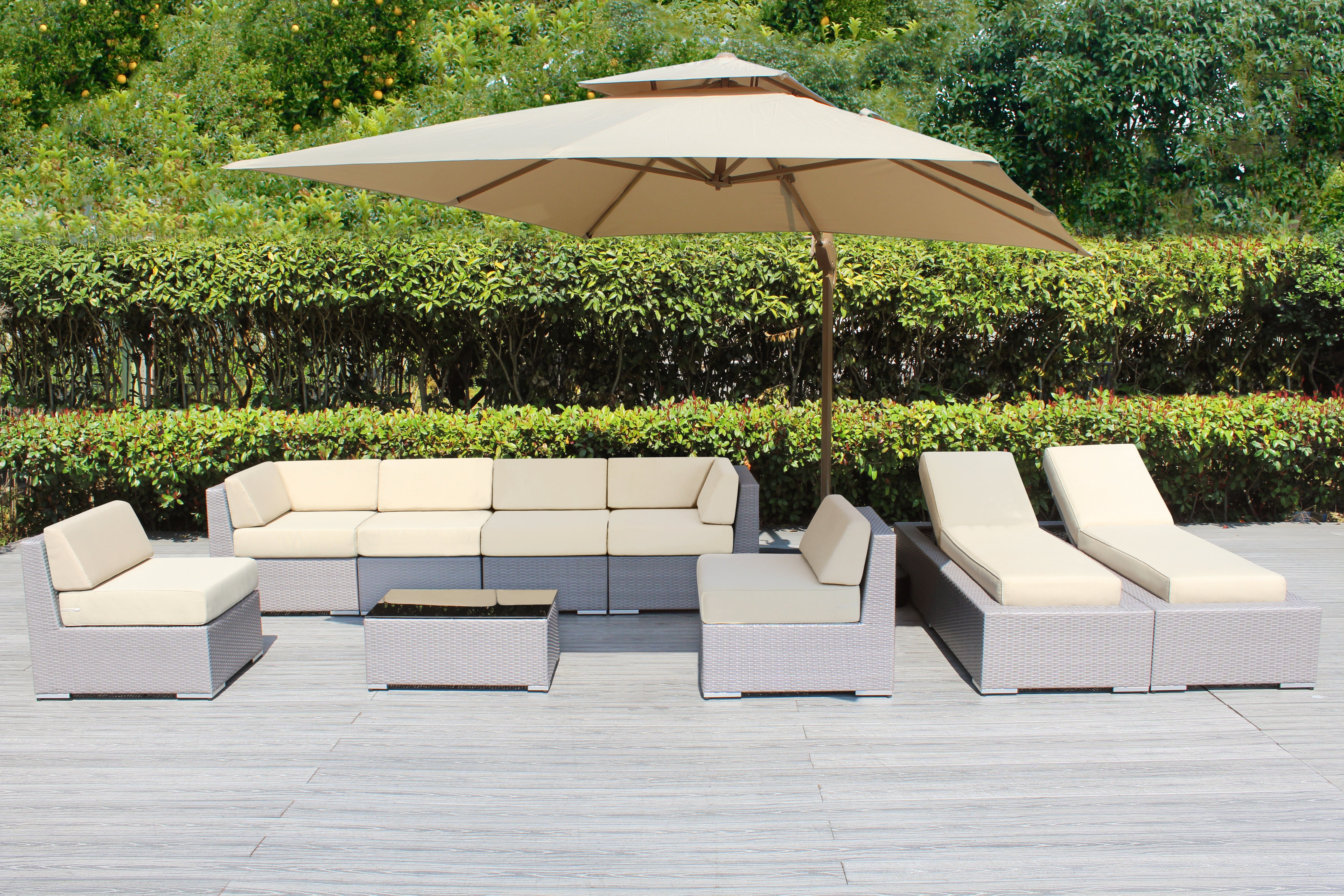Fully Assembled Rainshield Patio Furniture - Ohana 9 Piece Outdoor Sectional and Chaise Lounge with 6-inch Cushions