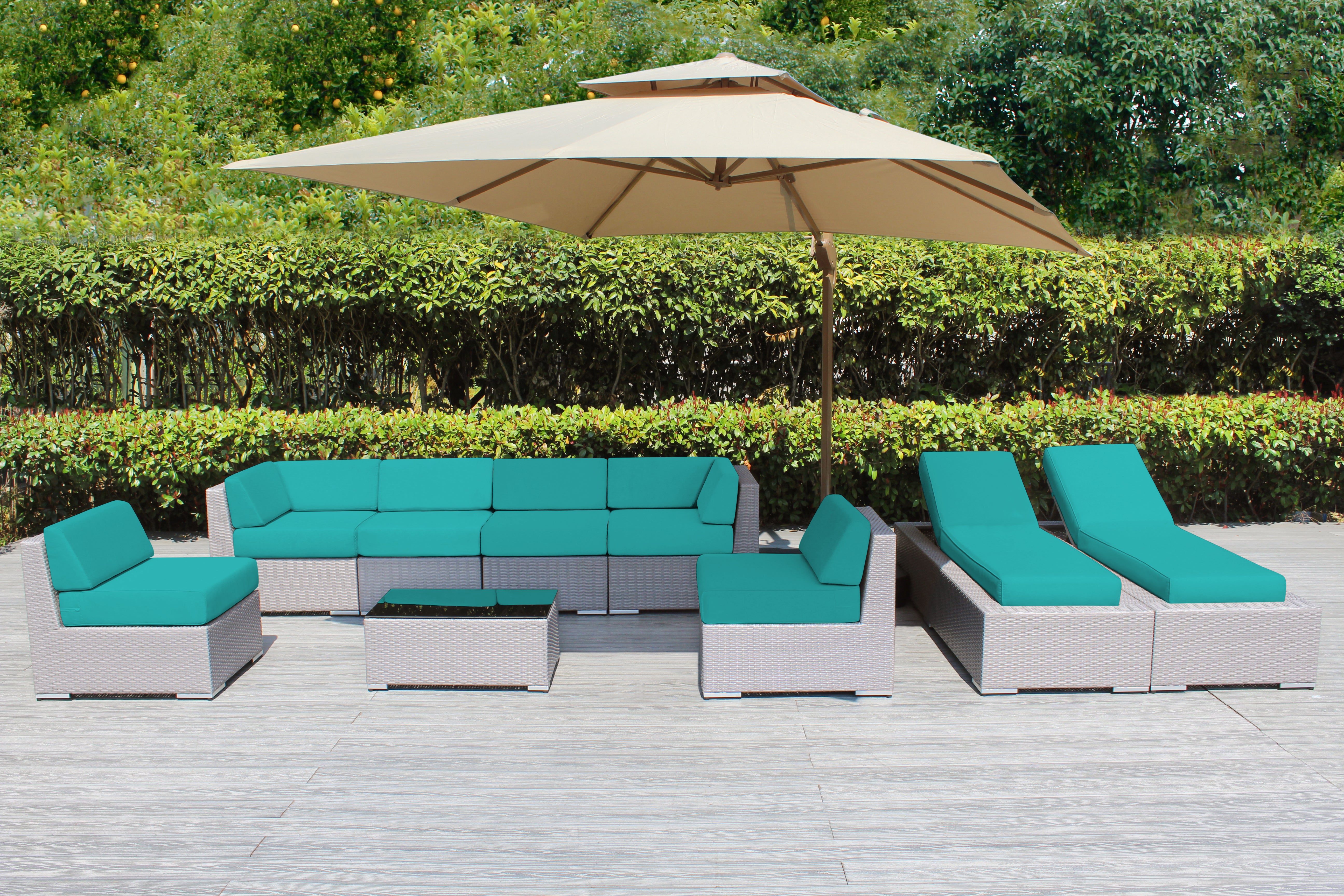 Fully Assembled Rainshield Patio Furniture - Ohana 9 Piece Outdoor Sectional and Chaise Lounge with 6-inch Cushions