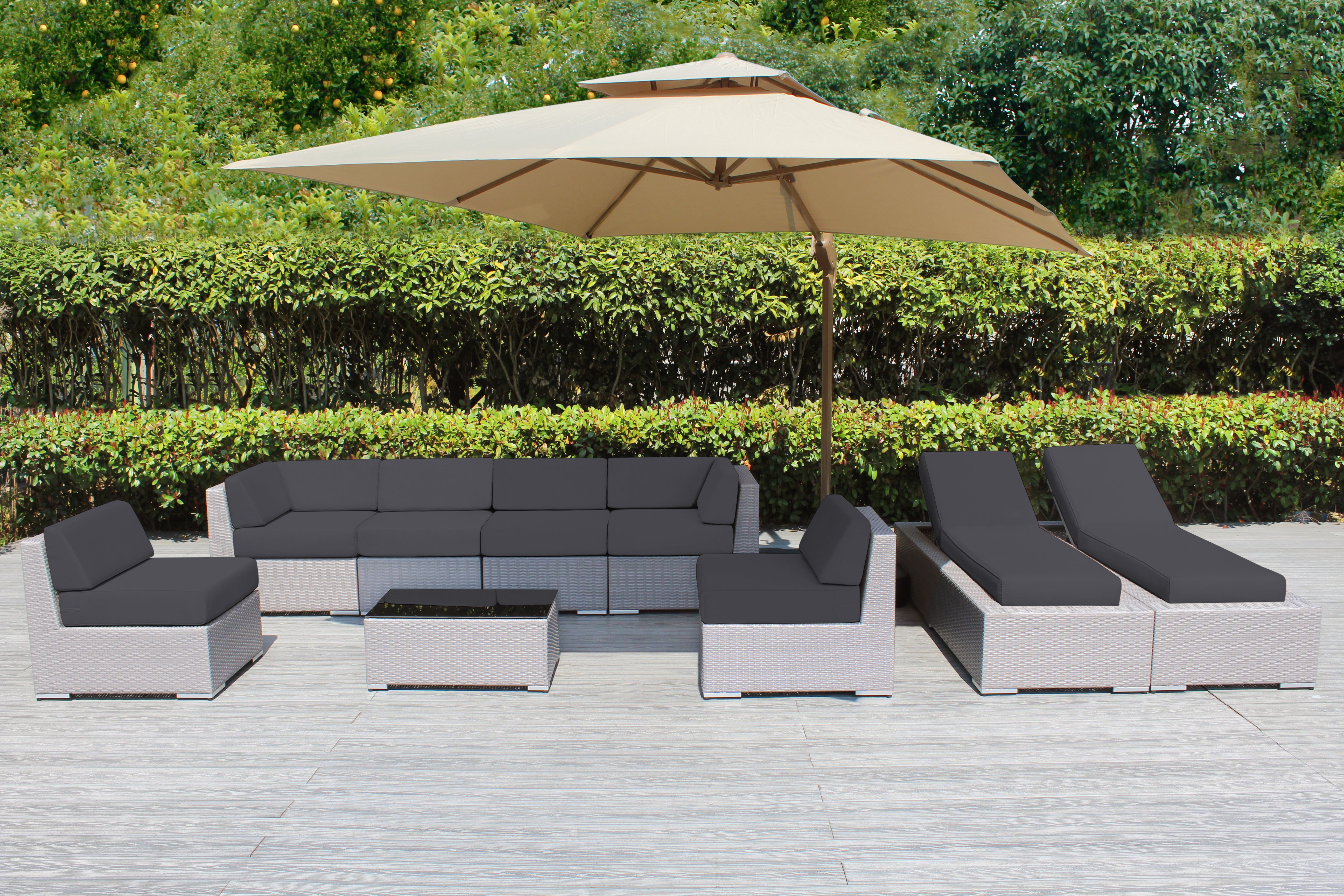 Fully Assembled Rainshield Patio Furniture - Ohana 9 Piece Outdoor Sectional and Chaise Lounge with 6-inch Cushions