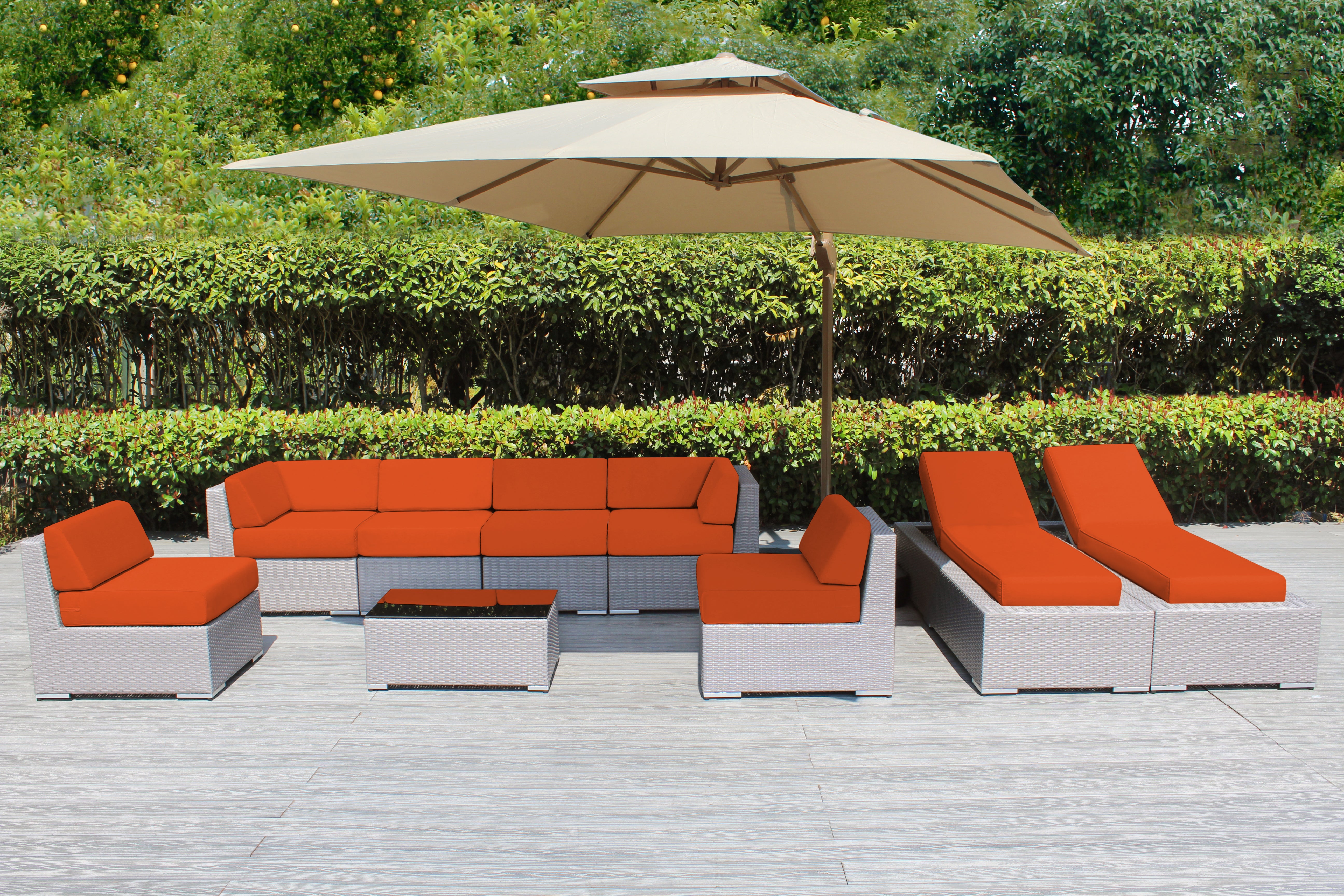 Fully Assembled Rainshield Patio Furniture - Ohana 9 Piece Outdoor Sectional and Chaise Lounge with 6-inch Cushions