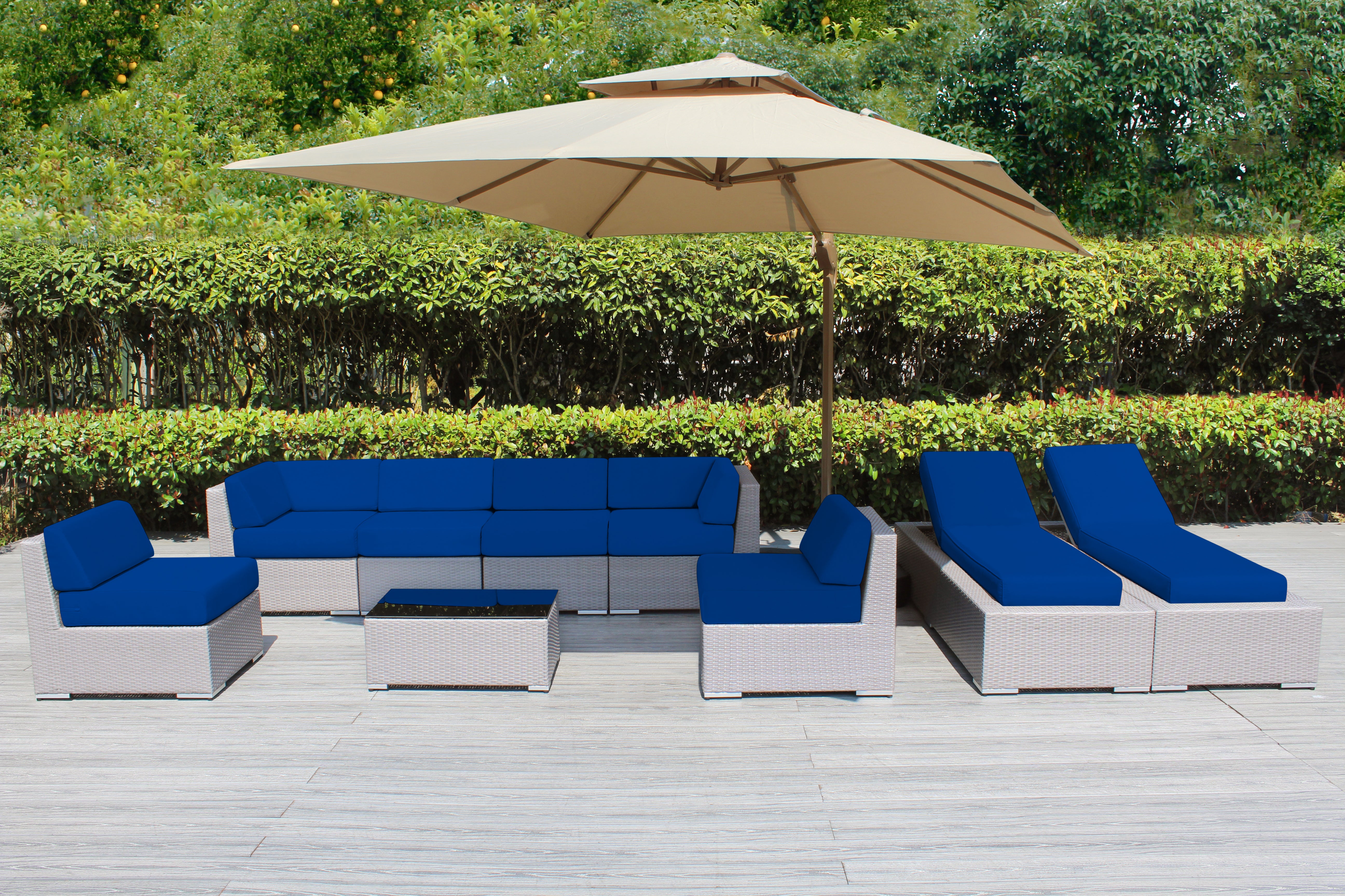 Fully Assembled Rainshield Patio Furniture - Ohana 9 Piece Outdoor Sectional and Chaise Lounge with 6-inch Cushions