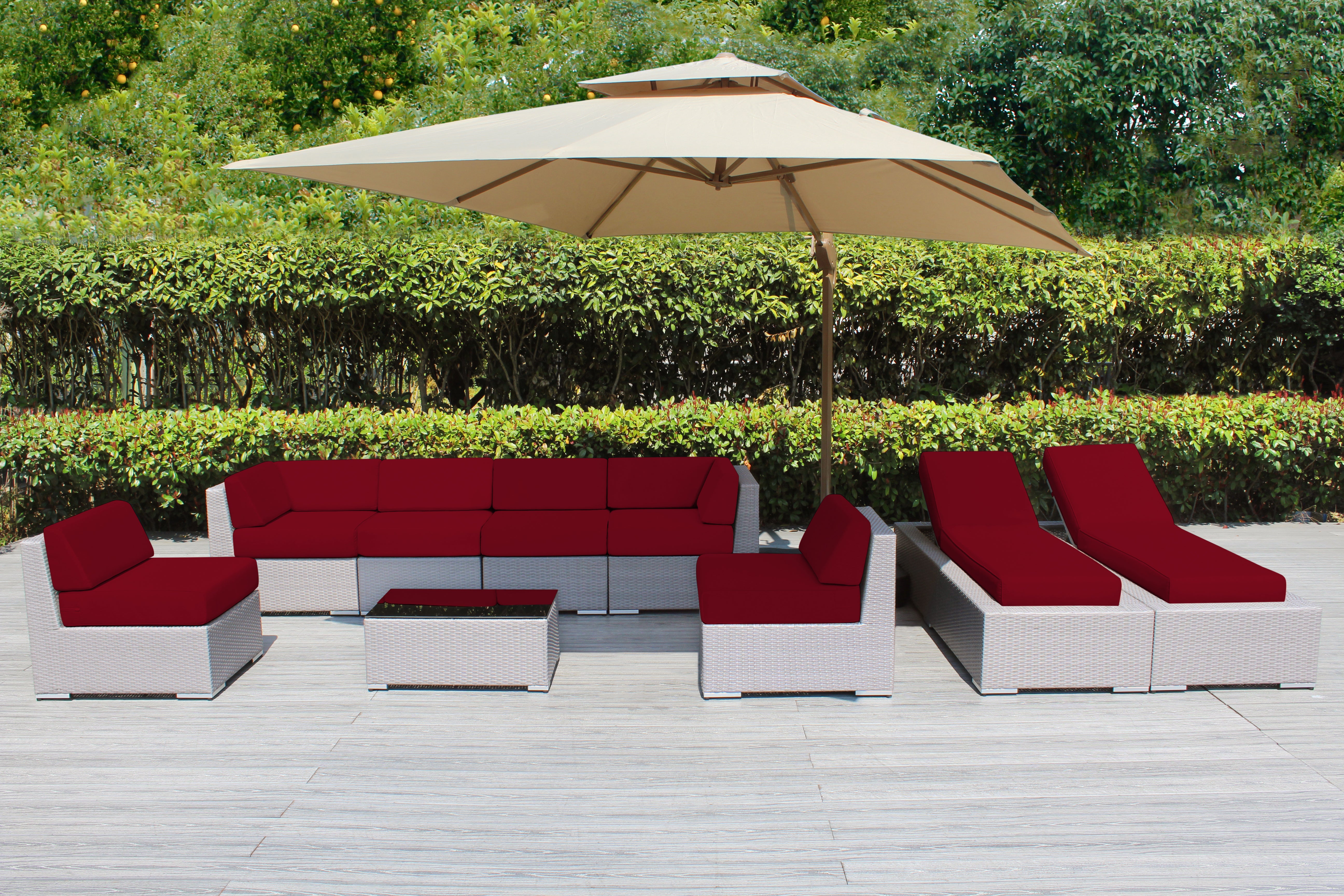 Fully Assembled Rainshield Patio Furniture - Ohana 9 Piece Outdoor Sectional and Chaise Lounge with 6-inch Cushions