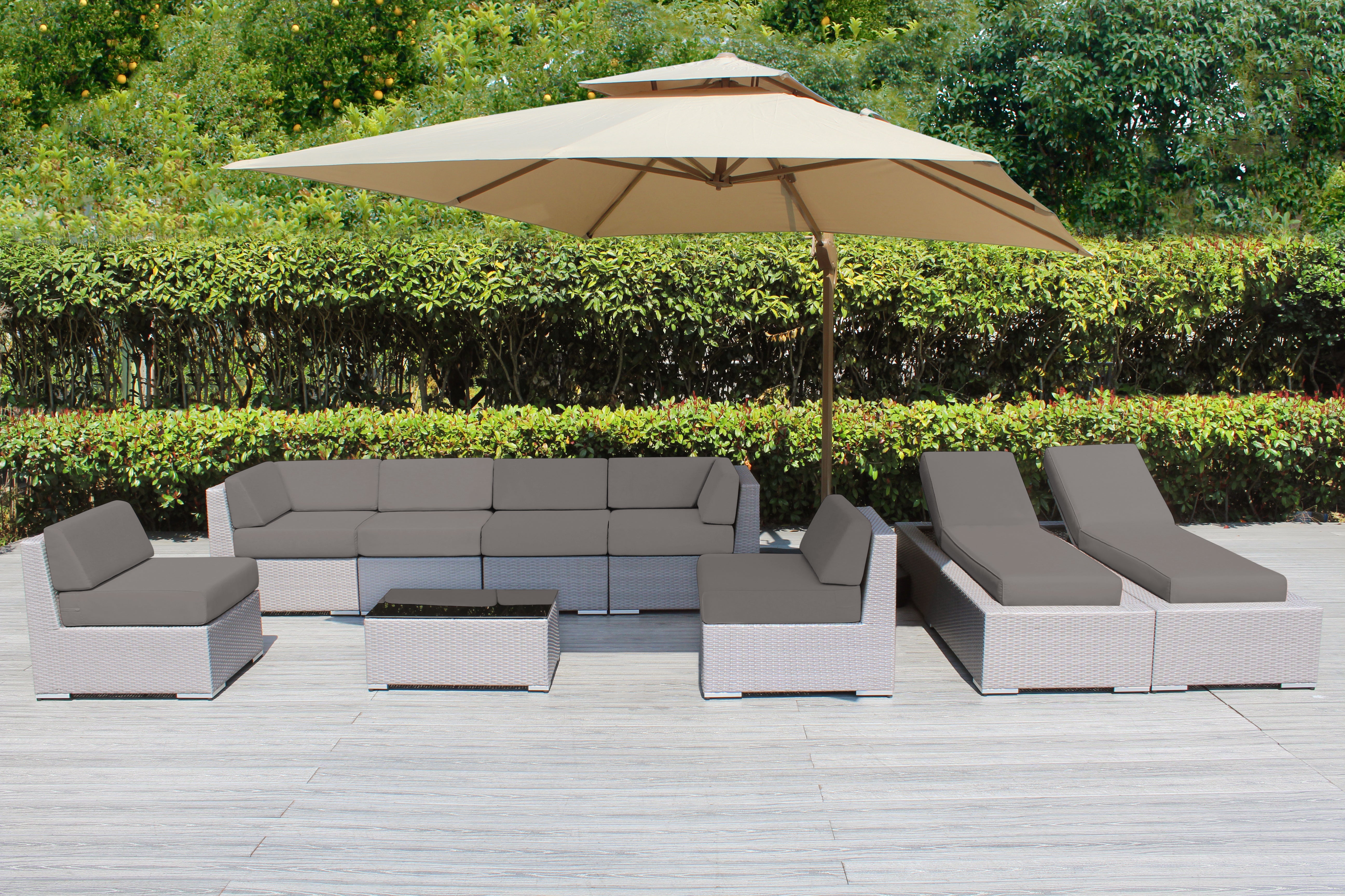 Fully Assembled Rainshield Patio Furniture - Ohana 9 Piece Outdoor Sectional and Chaise Lounge with 6-inch Cushions