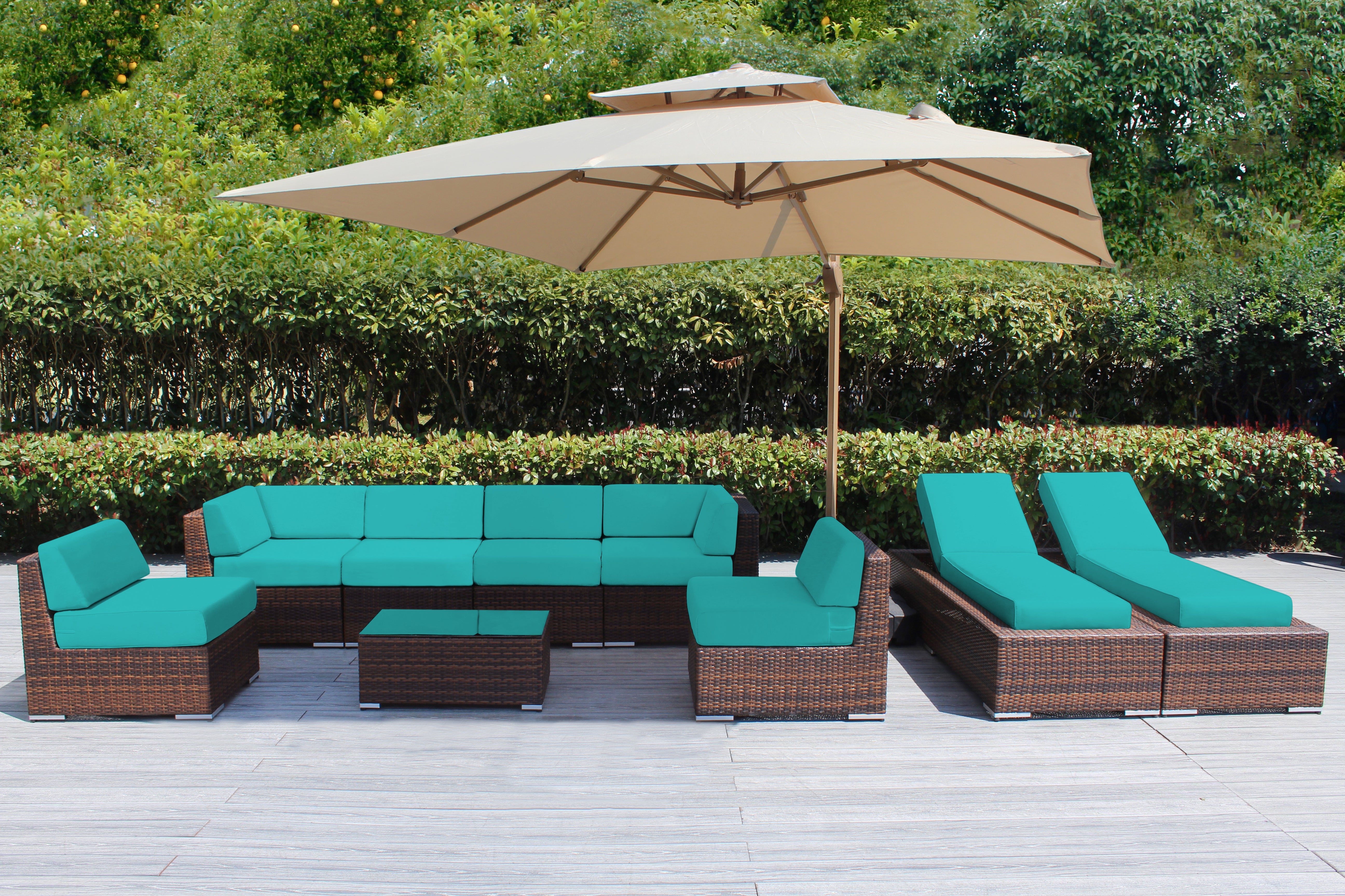 Fully Assembled Rainshield Patio Furniture - Ohana 9 Piece Outdoor Sectional and Chaise Lounge with 6-inch Cushions