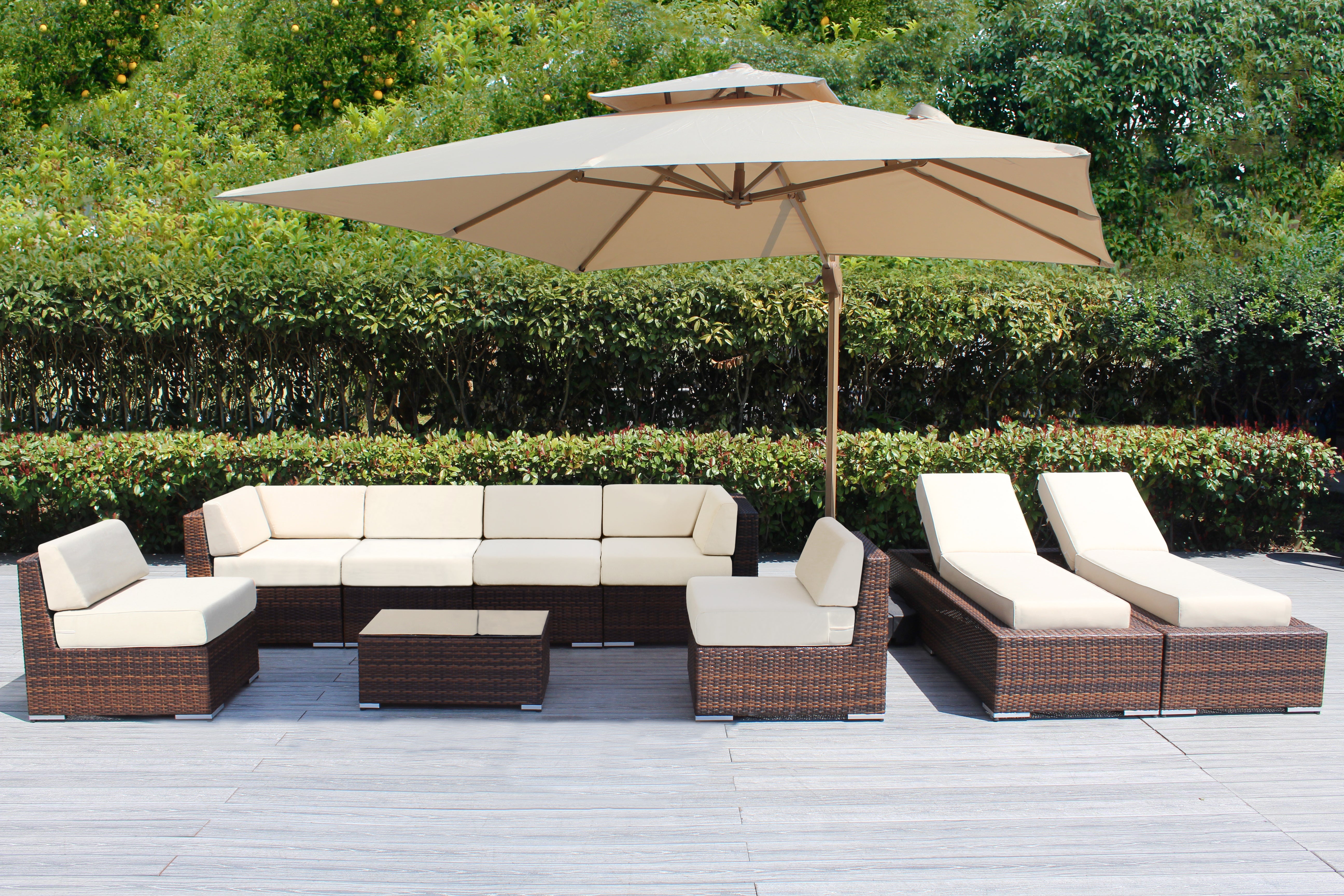 Fully Assembled Rainshield Patio Furniture - Ohana 9 Piece Outdoor Sectional and Chaise Lounge with 6-inch Cushions