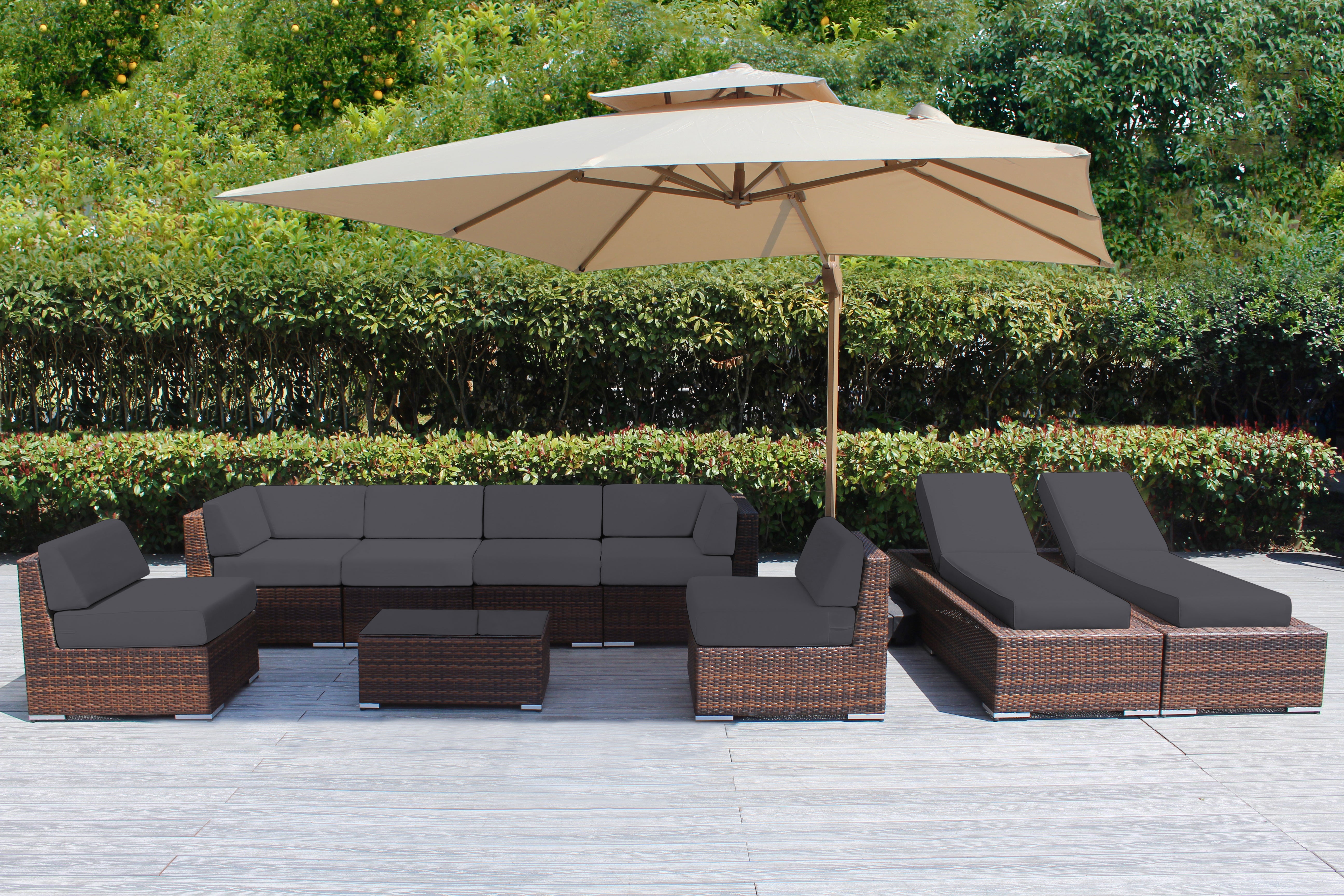 Fully Assembled Rainshield Patio Furniture - Ohana 9 Piece Outdoor Sectional and Chaise Lounge with 6-inch Cushions