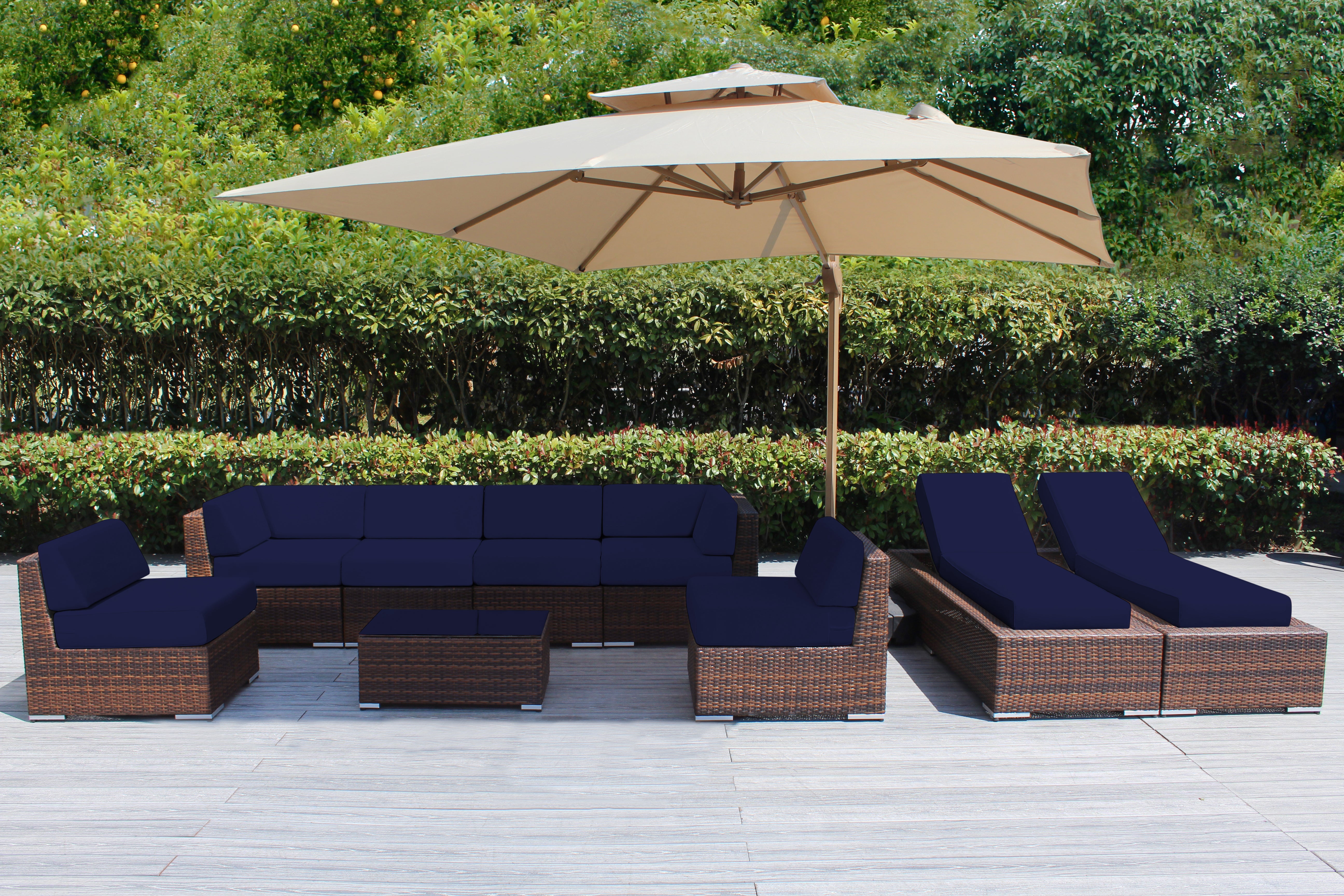 Fully Assembled Rainshield Patio Furniture - Ohana 9 Piece Outdoor Sectional and Chaise Lounge with 6-inch Cushions