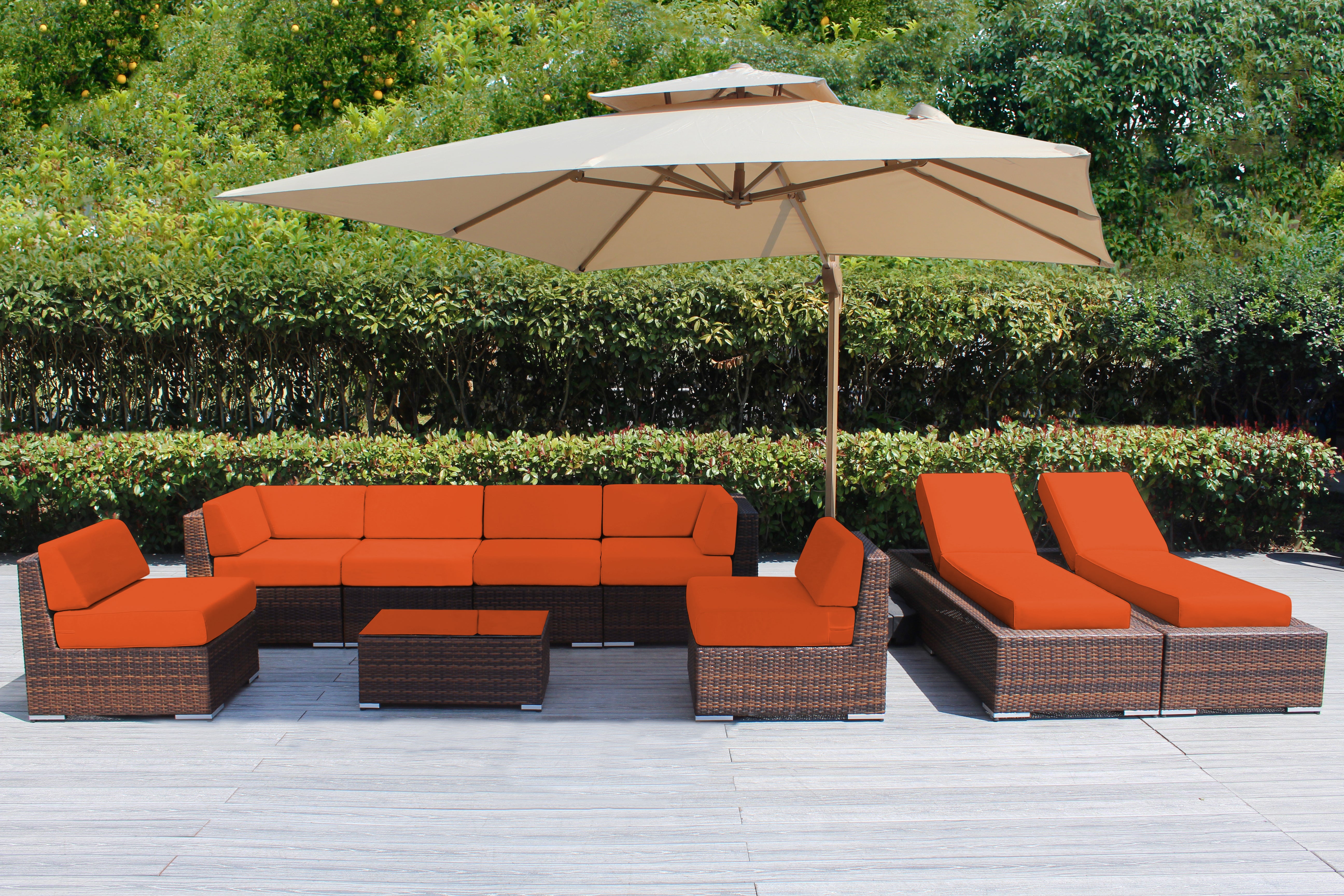Fully Assembled Rainshield Patio Furniture - Ohana 9 Piece Outdoor Sectional and Chaise Lounge with 6-inch Cushions