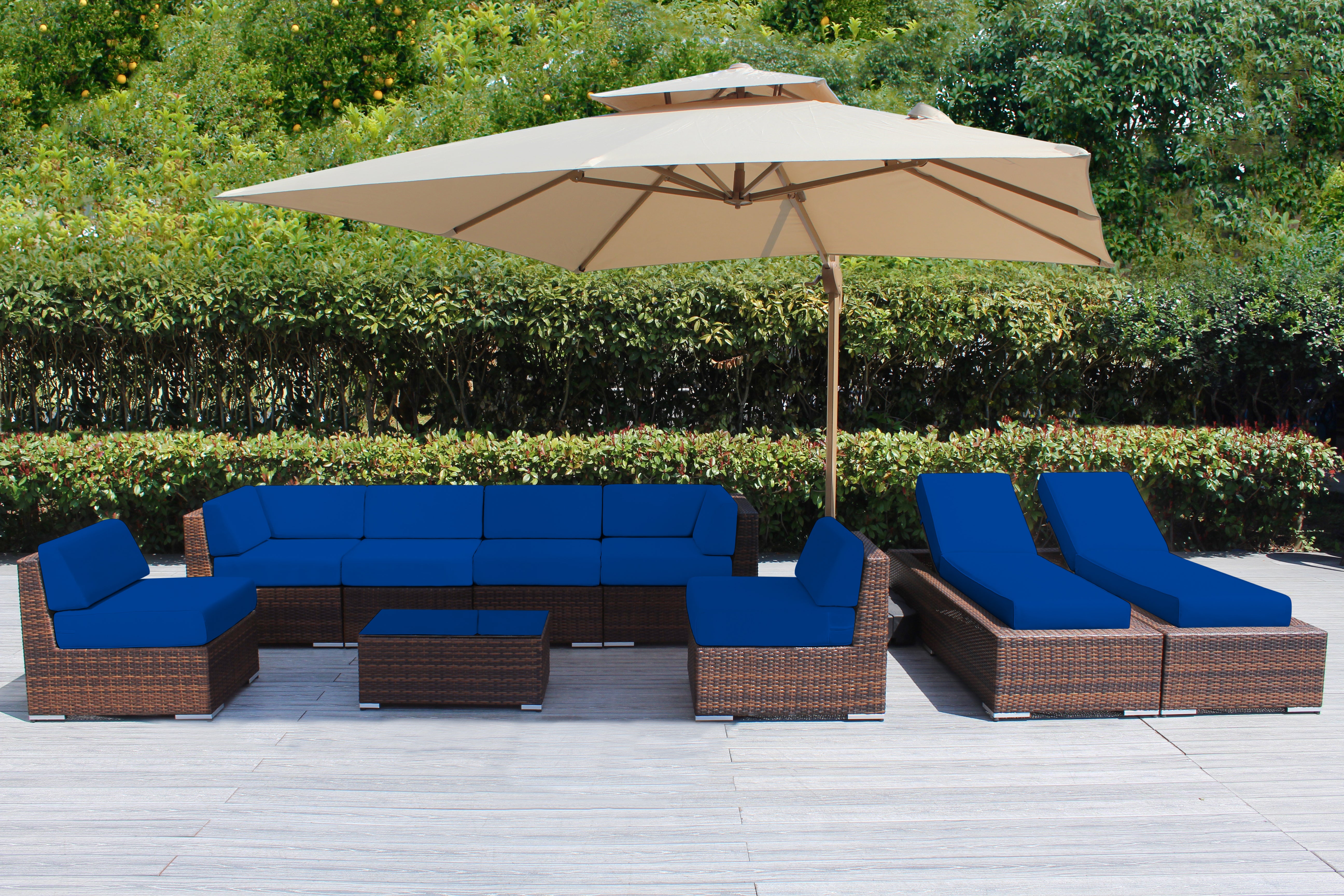 Fully Assembled Rainshield Patio Furniture - Ohana 9 Piece Outdoor Sectional and Chaise Lounge with 6-inch Cushions