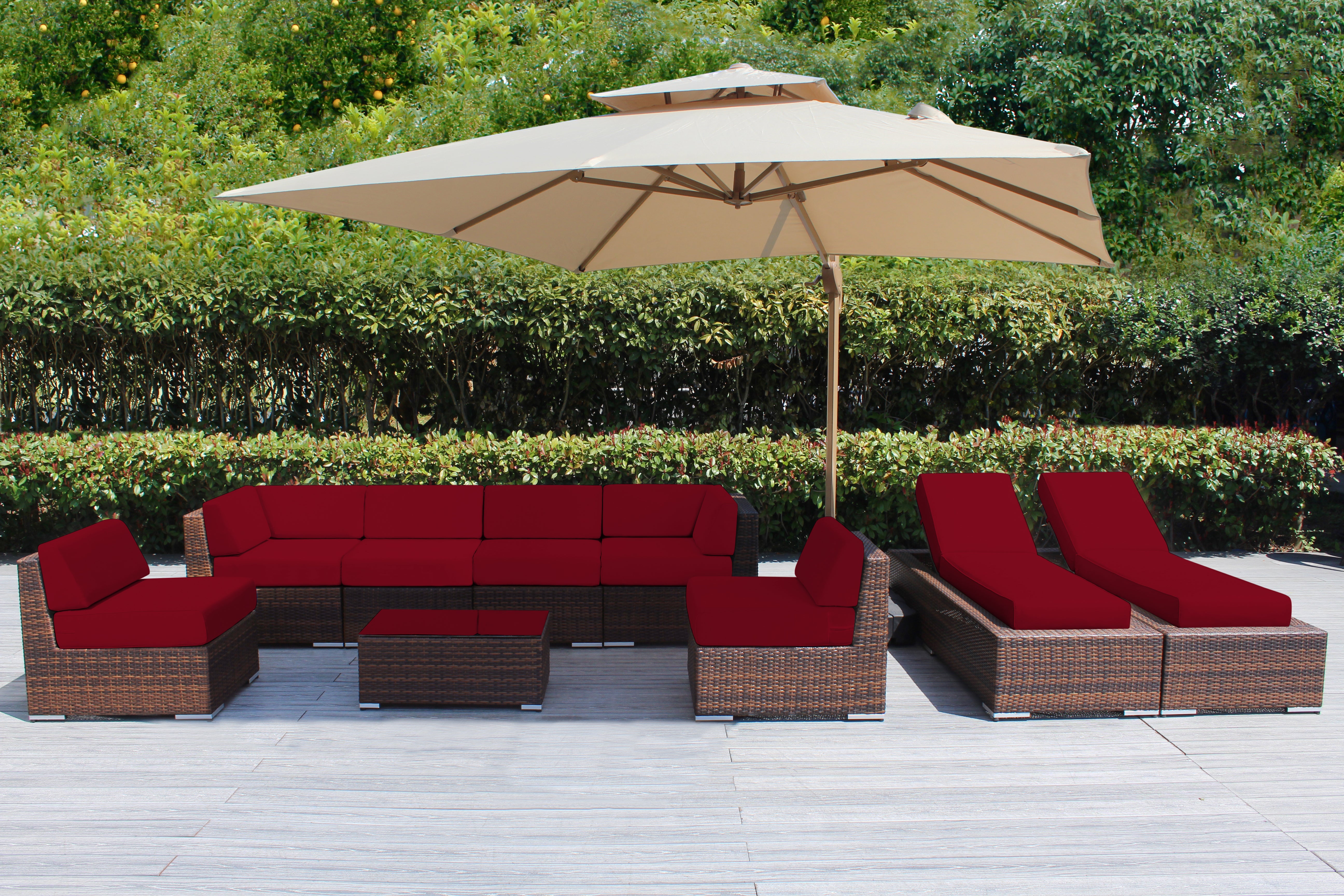 Fully Assembled Rainshield Patio Furniture - Ohana 9 Piece Outdoor Sectional and Chaise Lounge with 6-inch Cushions