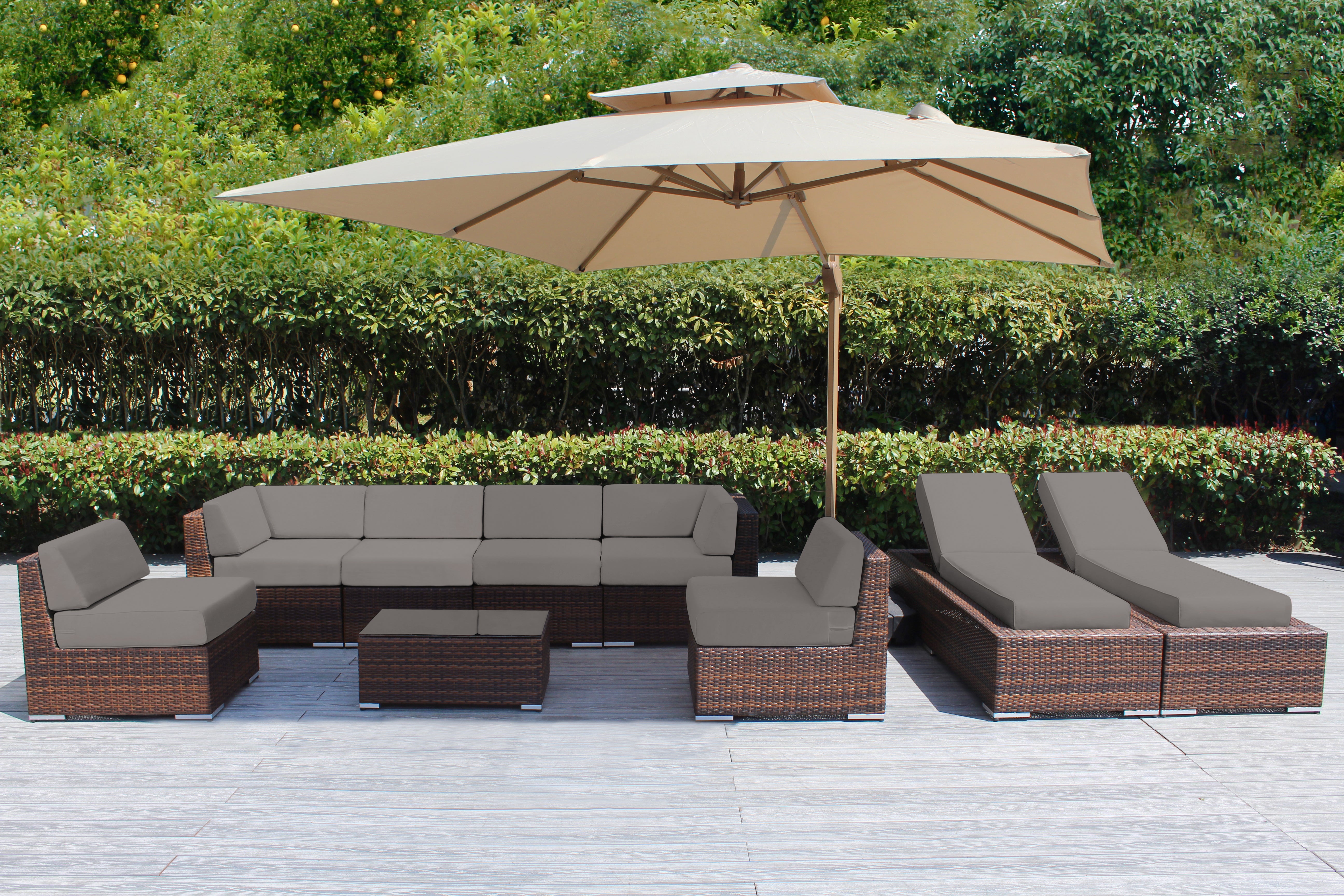 Fully Assembled Rainshield Patio Furniture - Ohana 9 Piece Outdoor Sectional and Chaise Lounge with 6-inch Cushions
