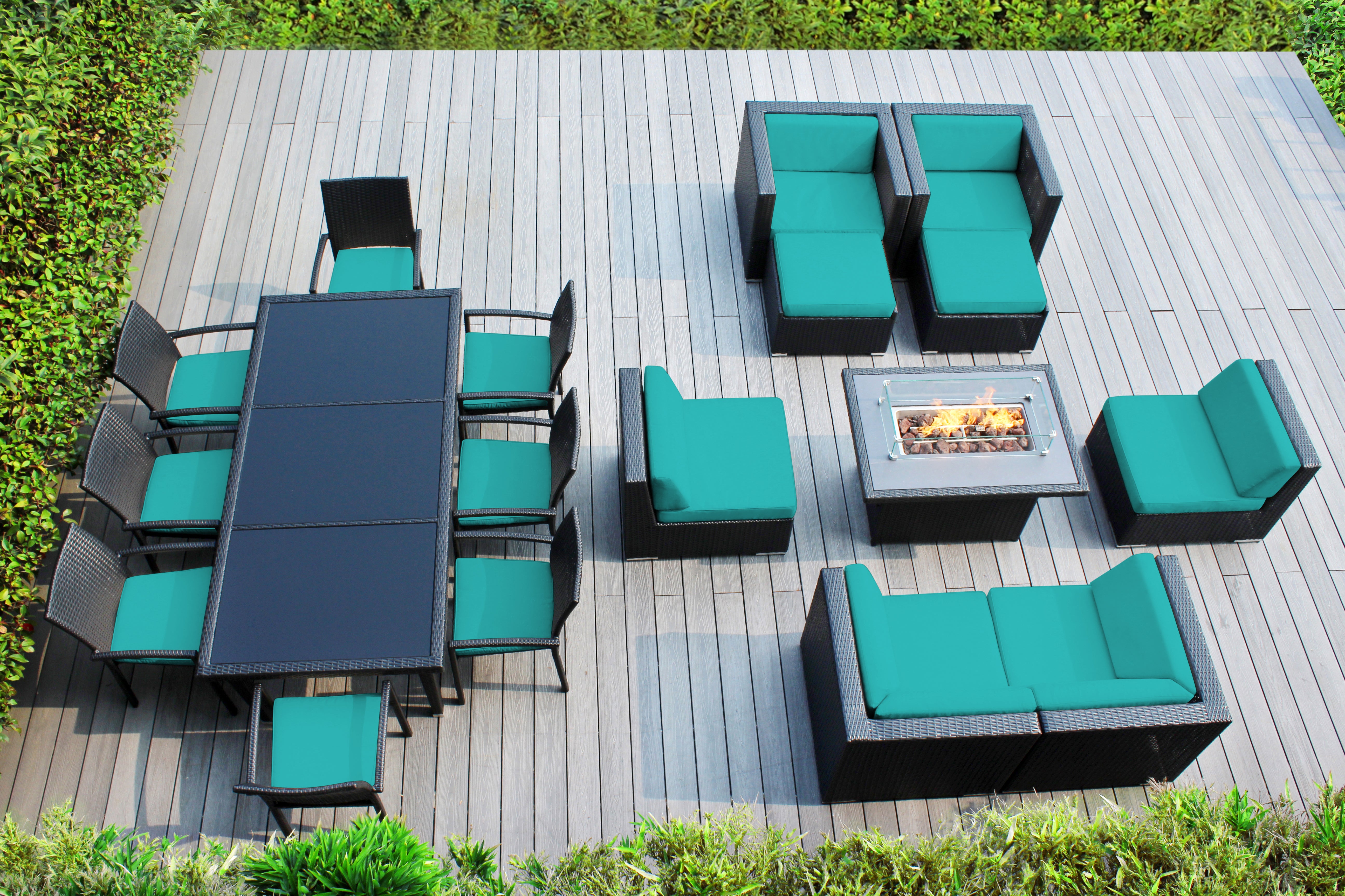 Rainshield Patio Furniture - 18 Piece Combination Set with Seating, Dining and 42" Fire Table