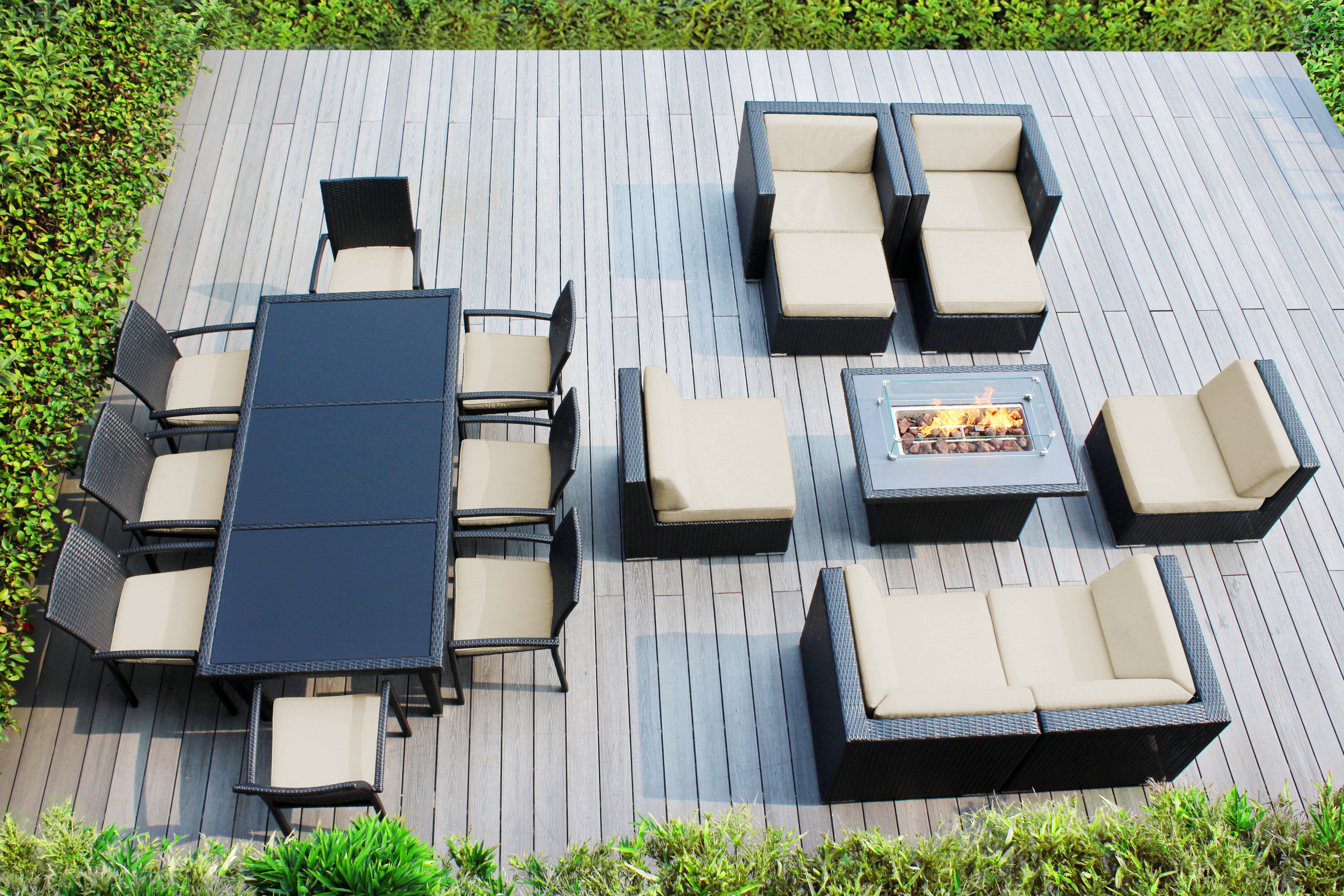 Rainshield Patio Furniture - 18 Piece Combination Set with Seating, Dining and 42" Fire Table