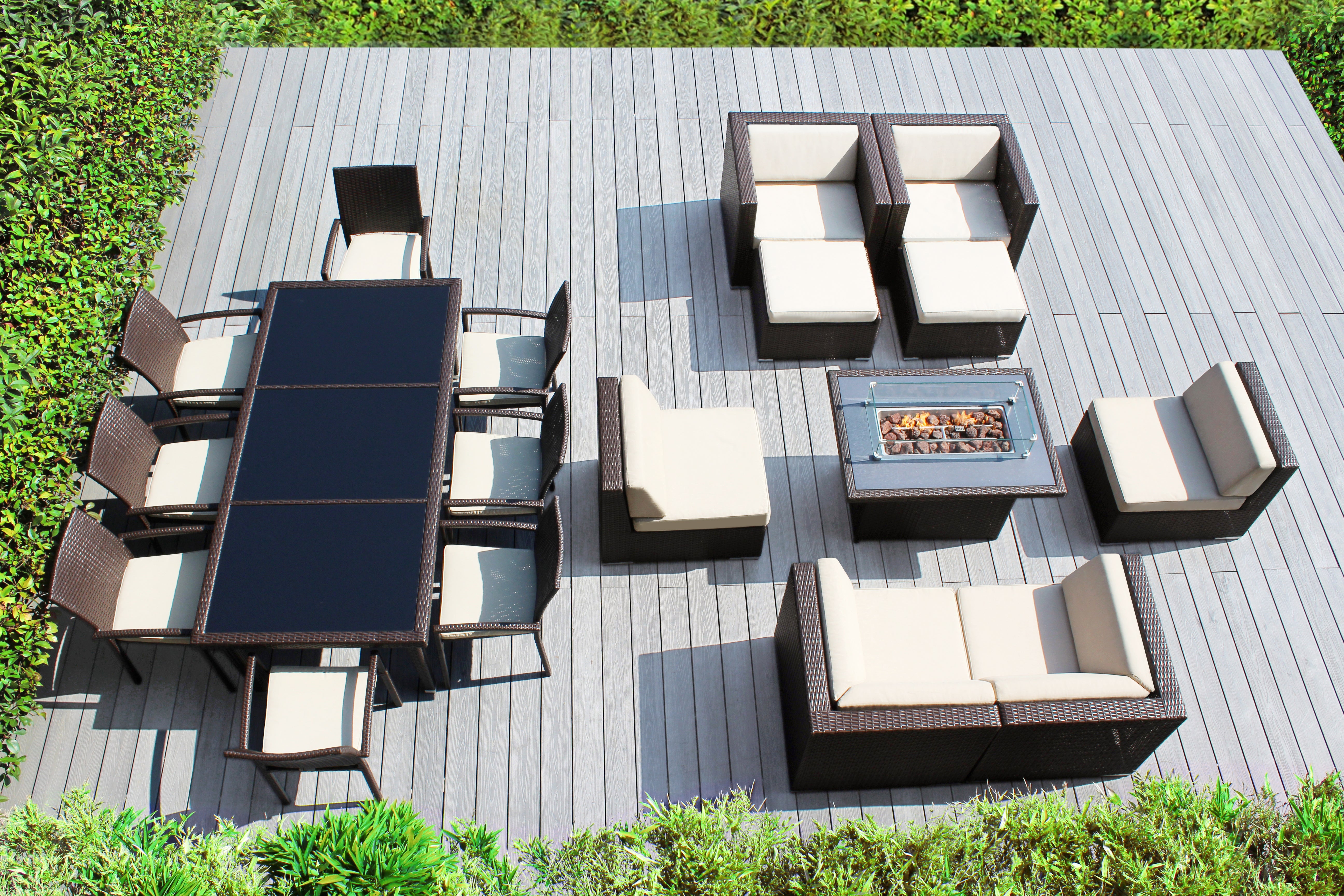 Rainshield Patio Furniture - 18 Piece Combination Set with Seating, Dining and 42" Fire Table