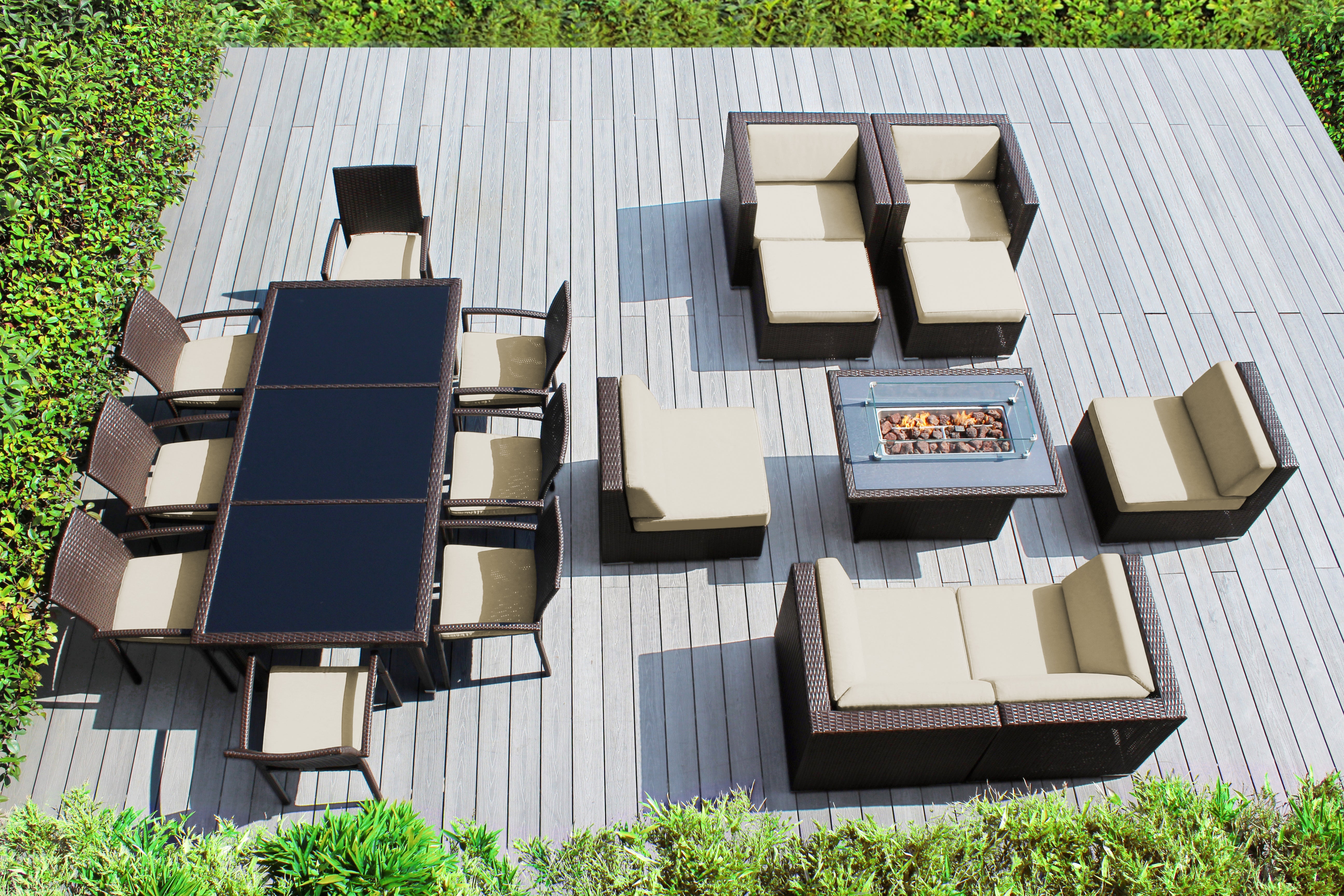 Rainshield Patio Furniture - 18 Piece Combination Set with Seating, Dining and 42" Fire Table