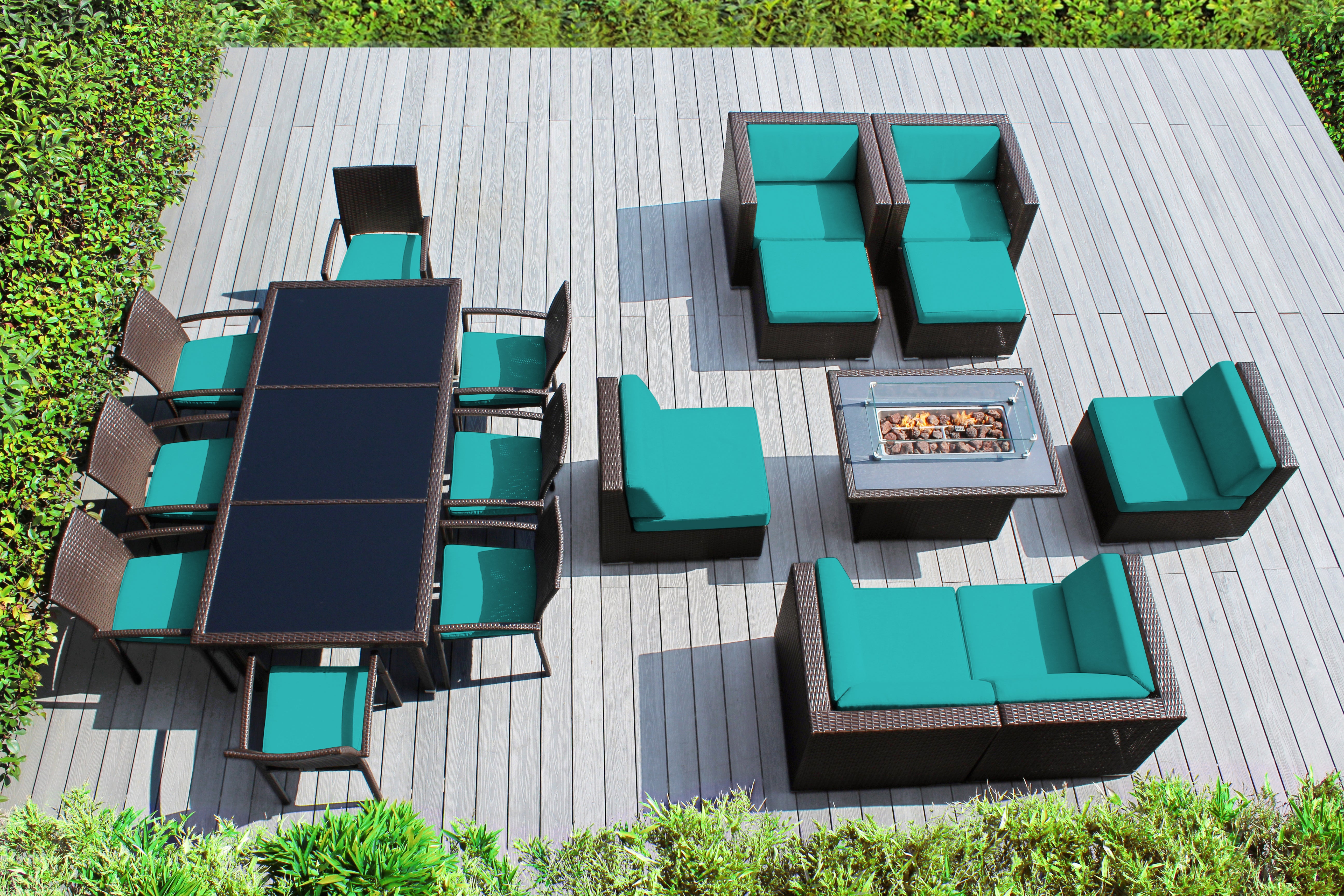 Rainshield Patio Furniture - 18 Piece Combination Set with Seating, Dining and 42" Fire Table