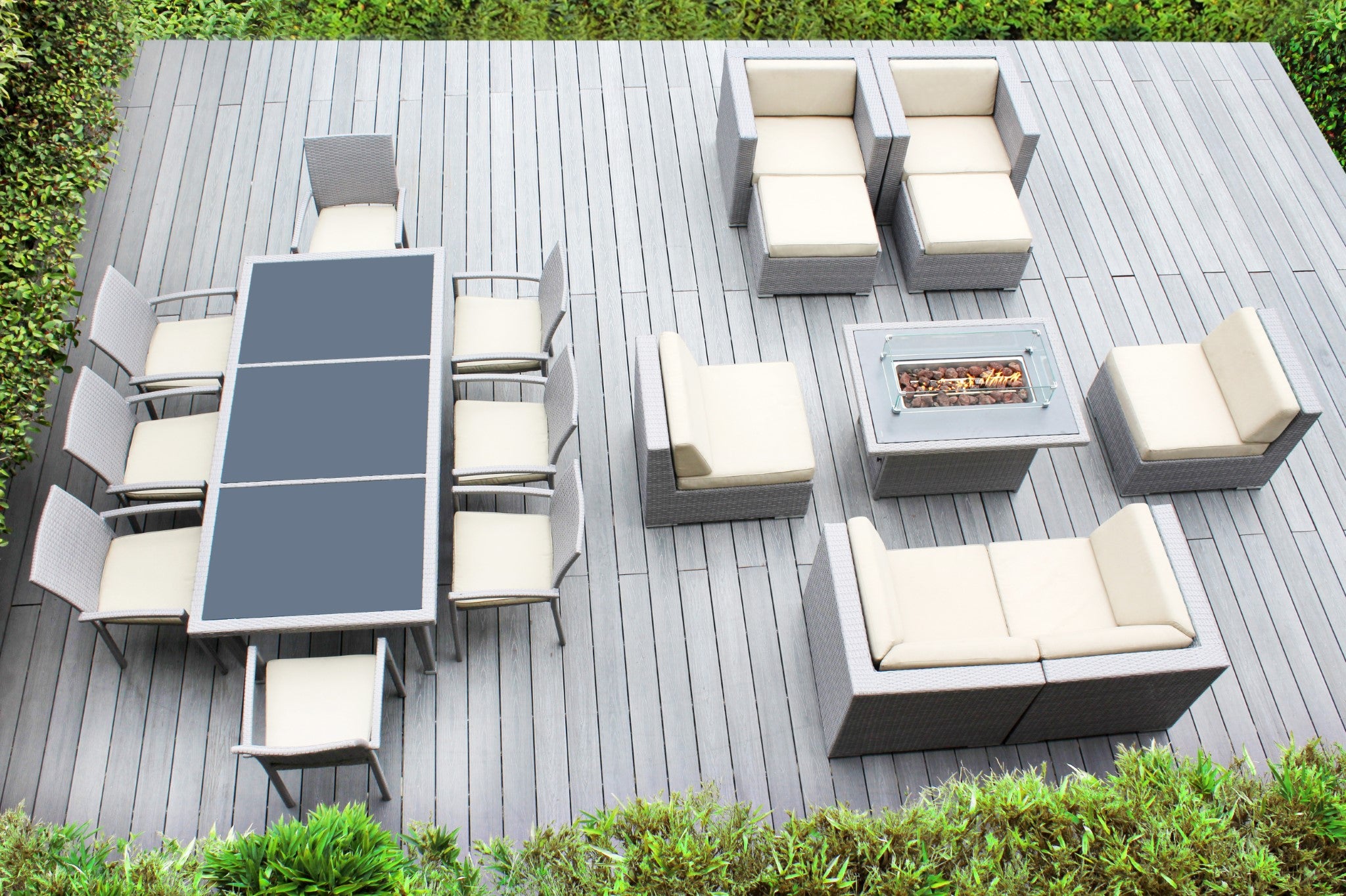 Rainshield Patio Furniture - 18 Piece Combination Set with Seating, Dining and 42" Fire Table