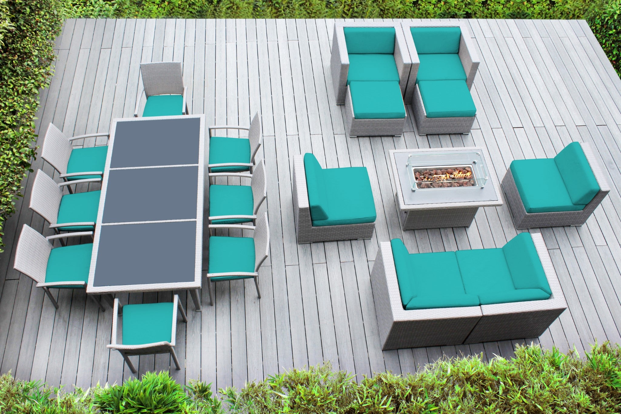 Rainshield Patio Furniture - 18 Piece Combination Set with Seating, Dining and 42" Fire Table
