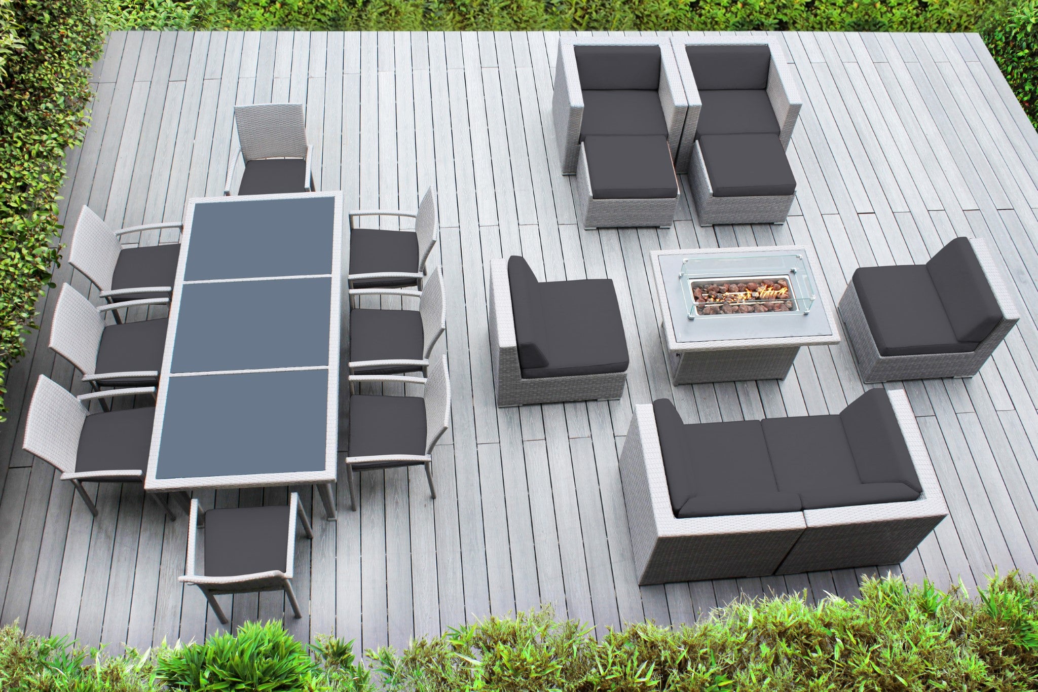Rainshield Patio Furniture - 18 Piece Combination Set with Seating, Dining and 42" Fire Table