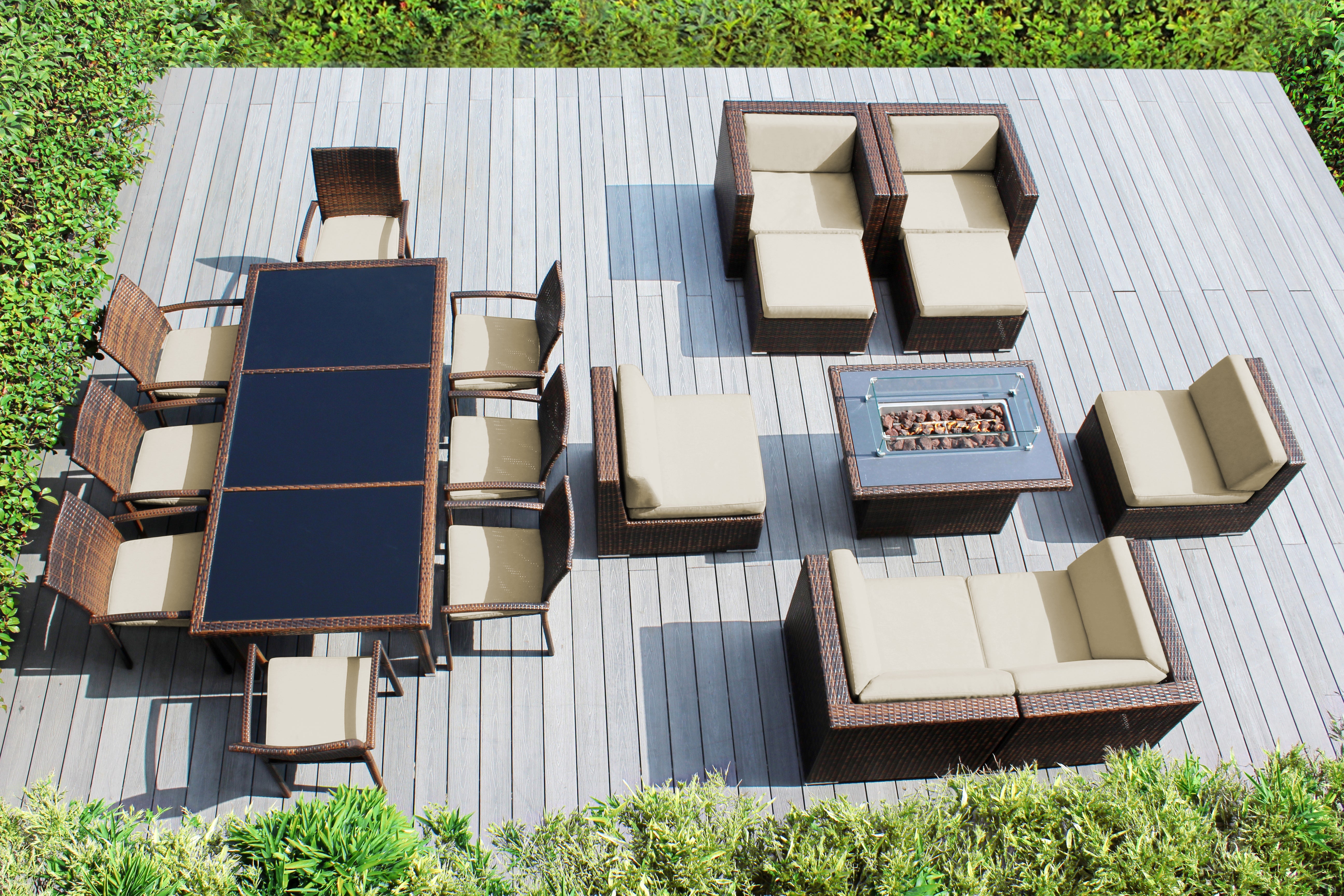 Rainshield Patio Furniture - 18 Piece Combination Set with Seating, Dining and 42" Fire Table