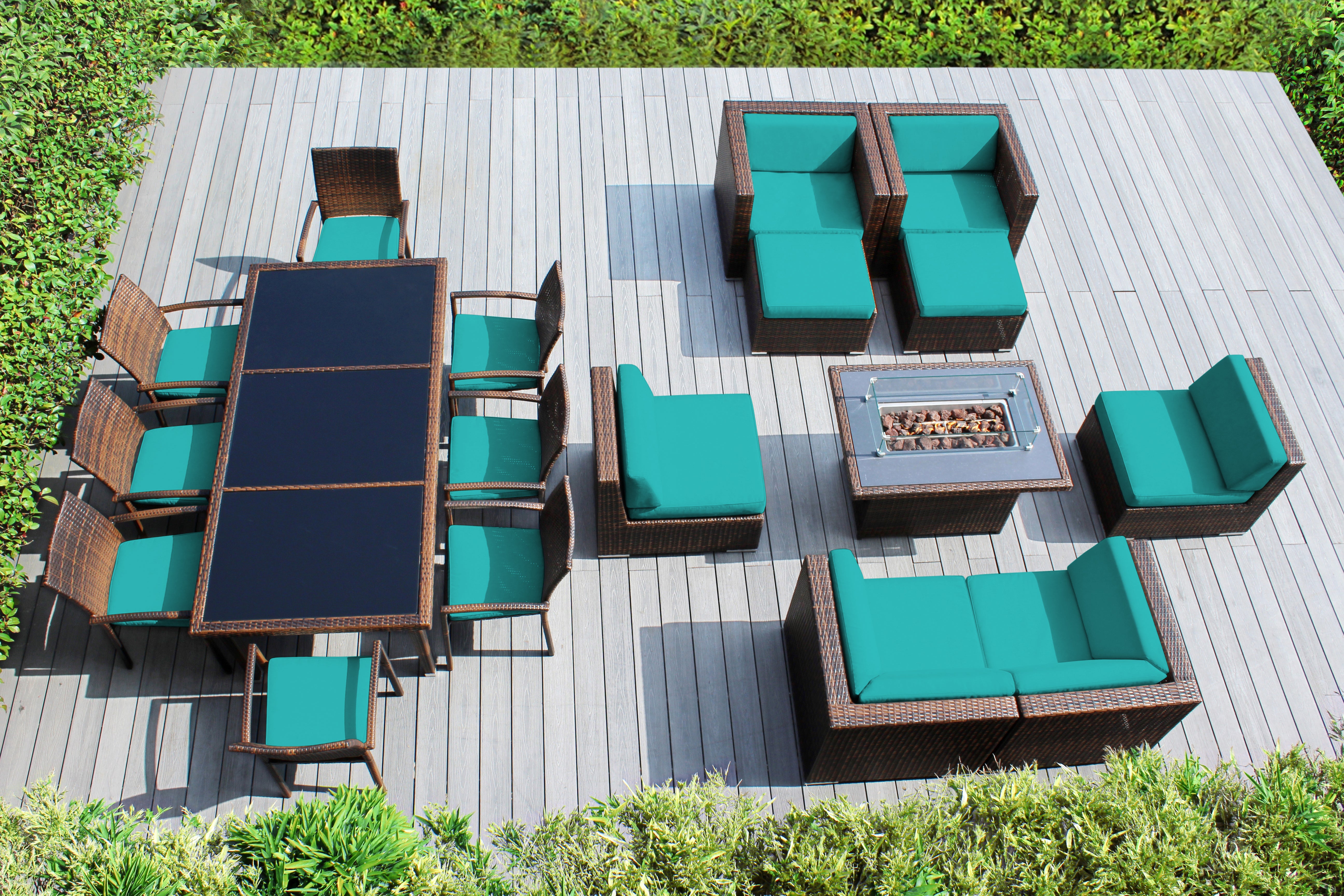 Rainshield Patio Furniture - 18 Piece Combination Set with Seating, Dining and 42" Fire Table