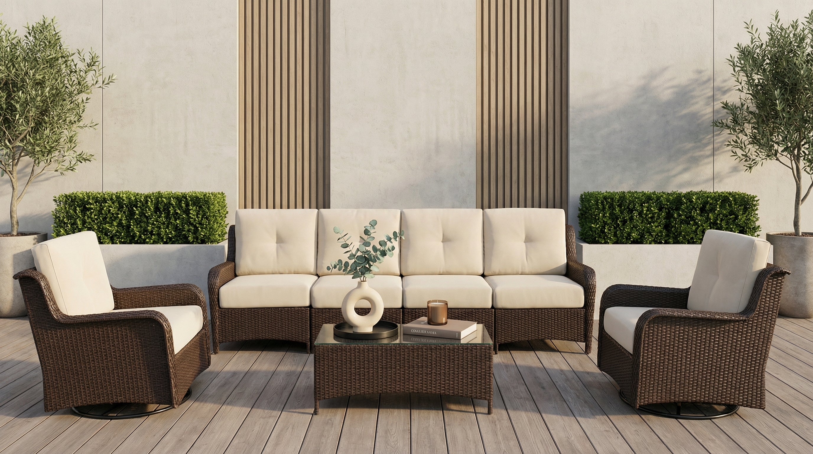 Fully Assembled Rainshield Patio Furniture - Summit 7-Piece High-Back Swivel Seating Set with 6" RainShield Cushions