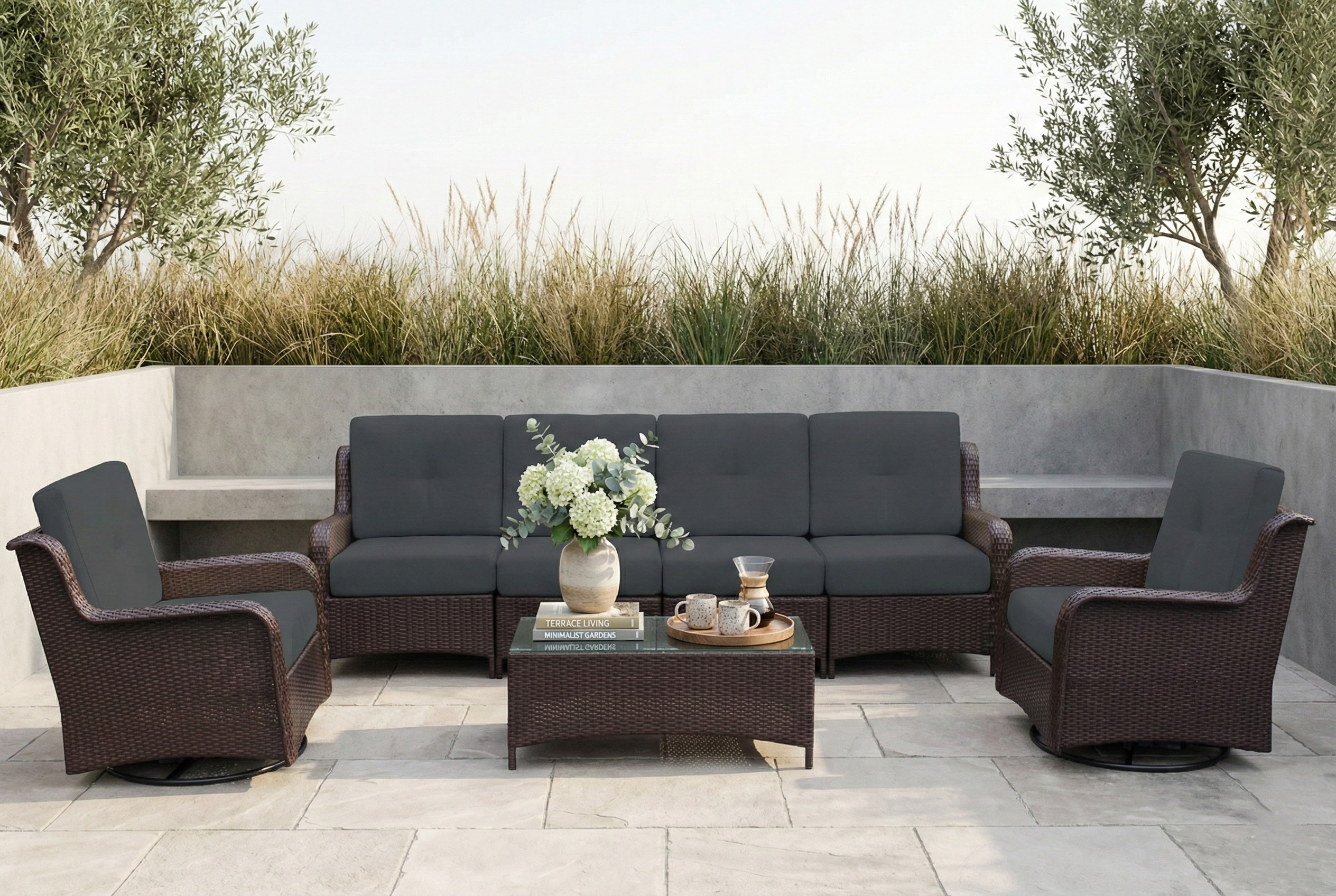 Fully Assembled Rainshield Patio Furniture - Summit 7-Piece High-Back Swivel Seating Set with 6" RainShield Cushions