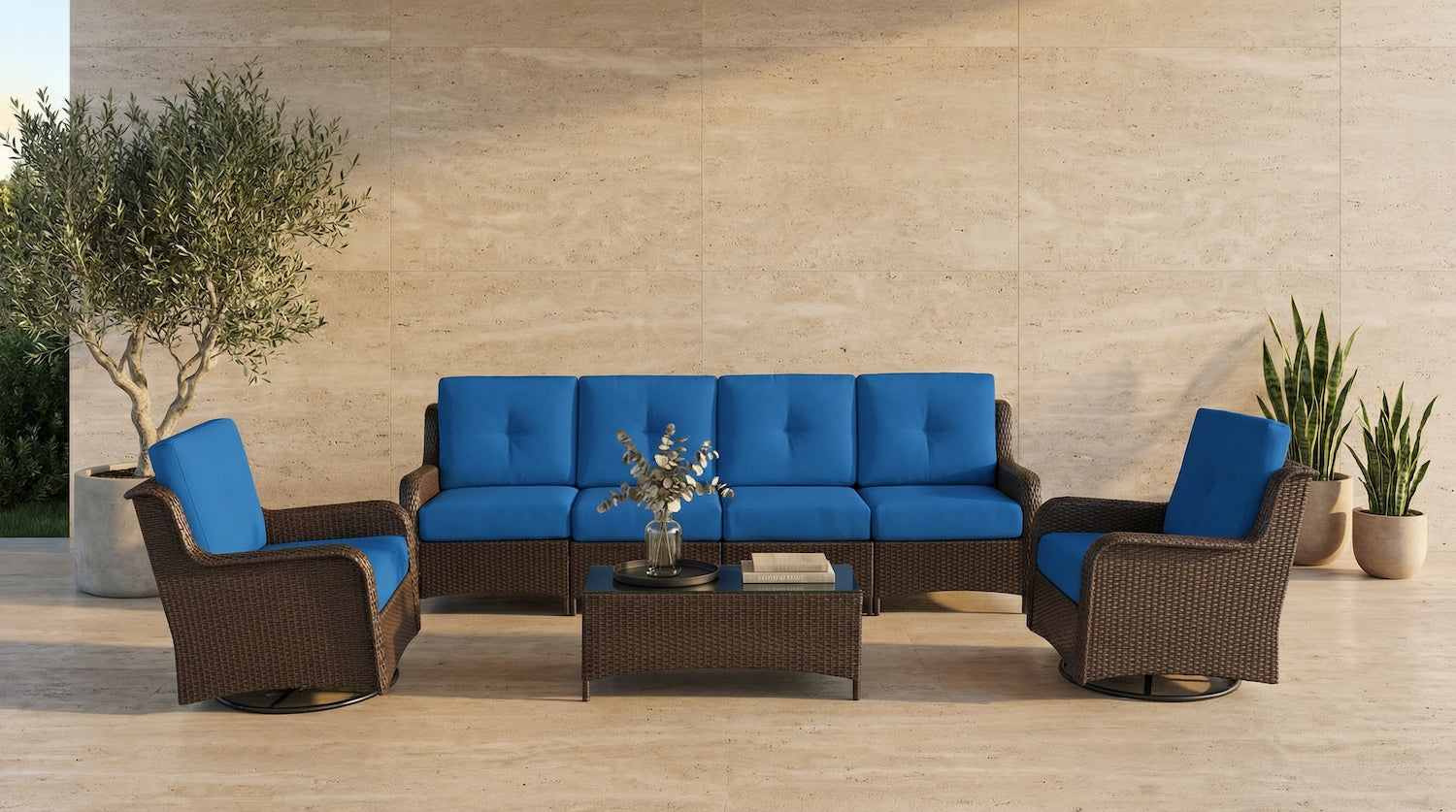 Fully Assembled Rainshield Patio Furniture - Summit 7-Piece High-Back Swivel Seating Set with 6" RainShield Cushions