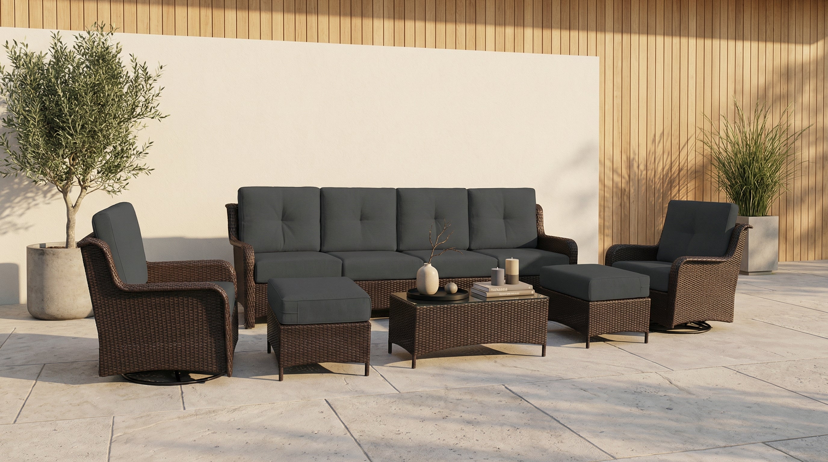 Fully Assembled Rainshield Patio Furniture - Summit 9-Piece High-Back Swivel Seating Set with 6" RainShield Cushions