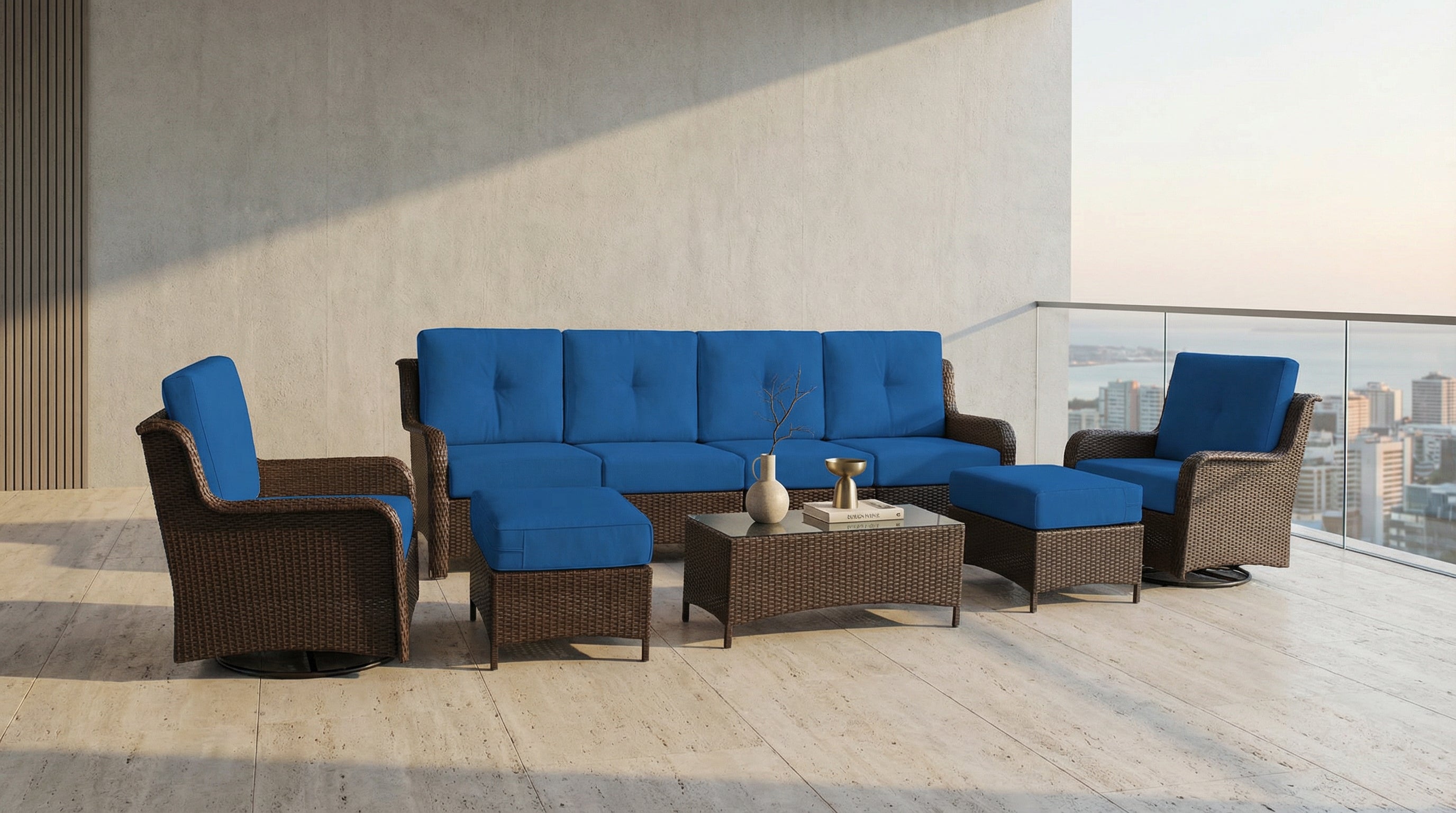 Fully Assembled Rainshield Patio Furniture - Summit 9-Piece High-Back Swivel Seating Set with 6" RainShield Cushions