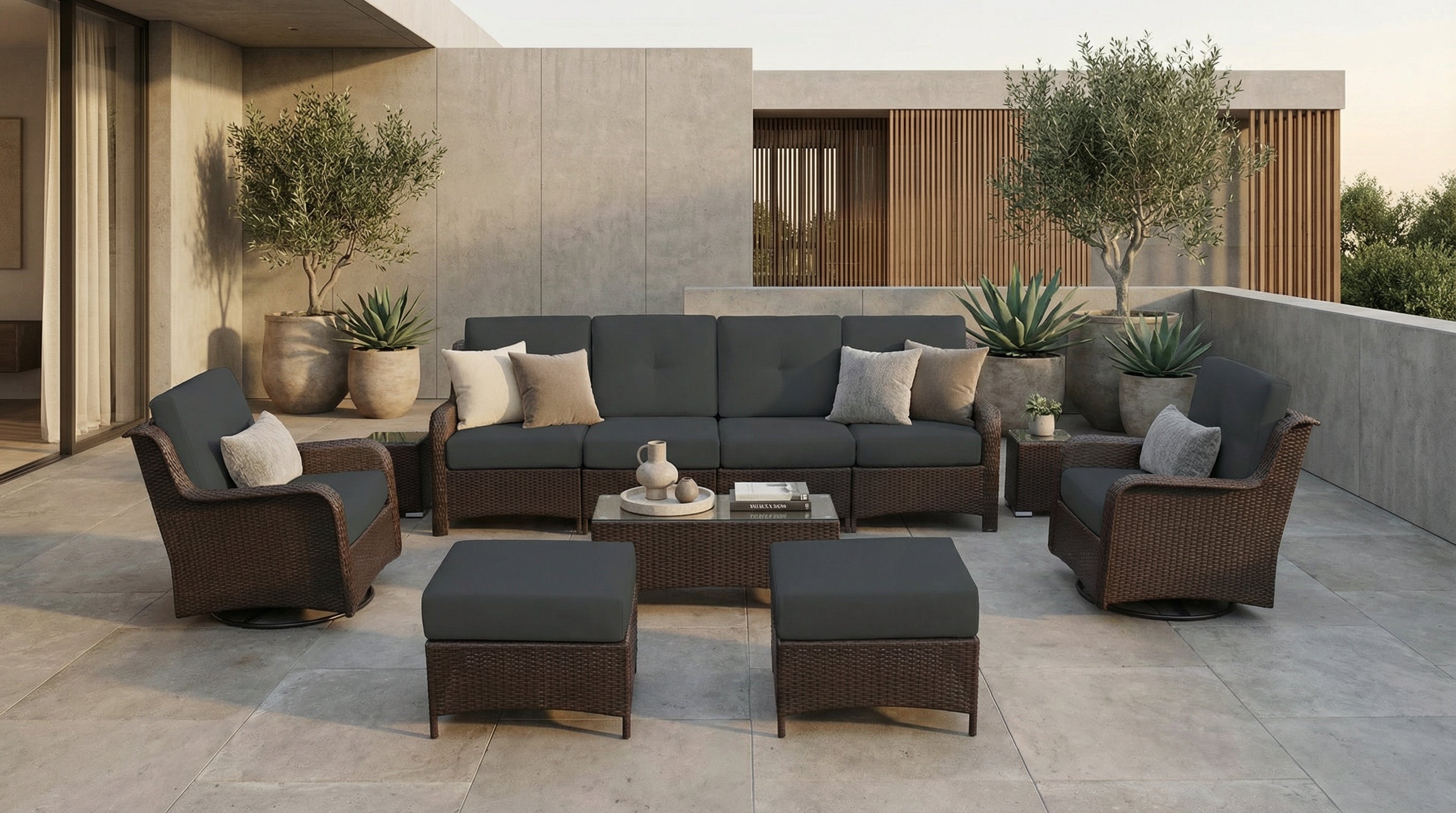 Fully Assembled Rainshield Patio Furniture - Summit 11-Piece High-Back Swivel Seating Set with 6" RainShield Cushions