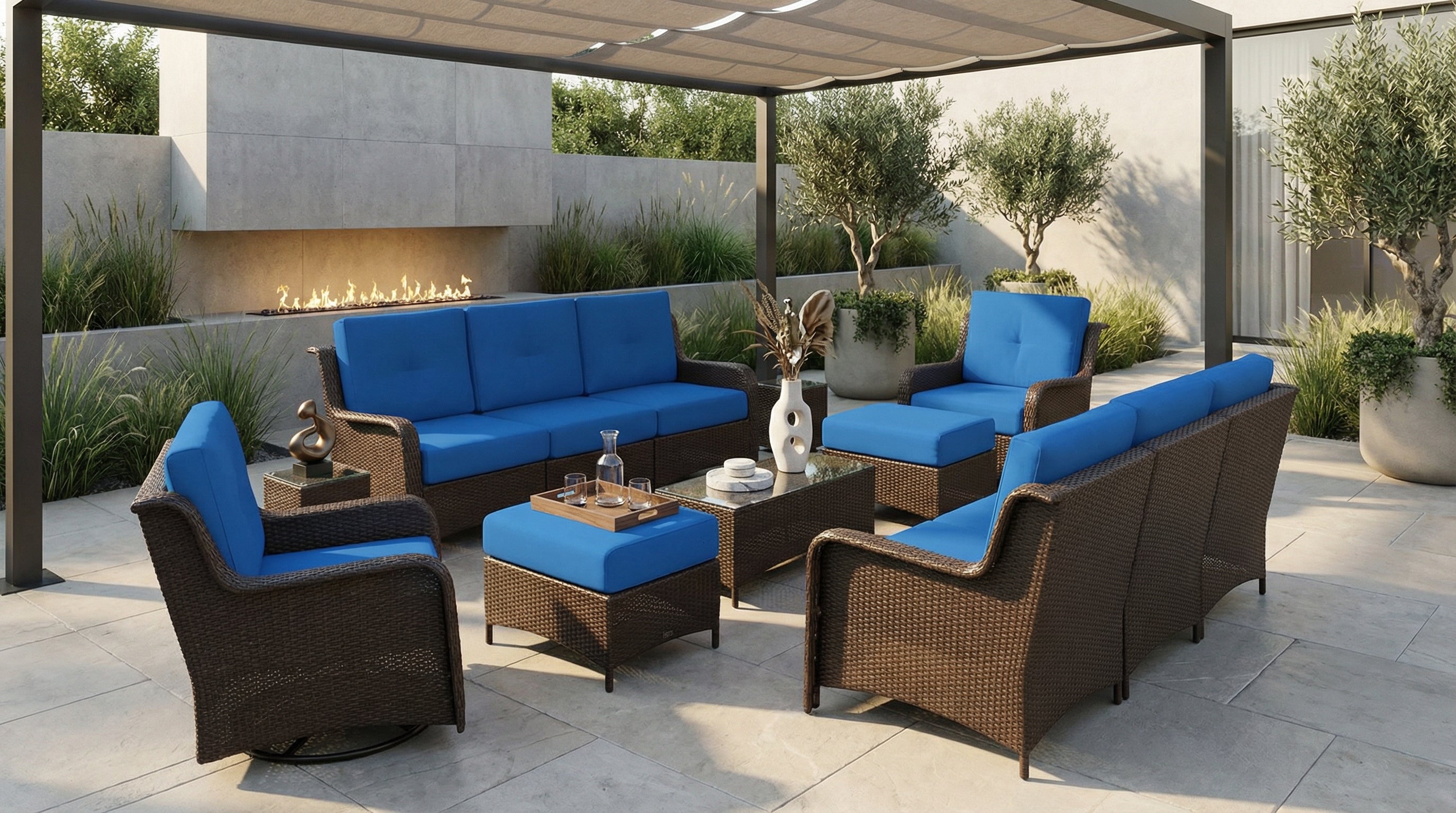 Fully Assembled Rainshield Patio Furniture - Summit 13-Piece High-Back Swivel Seating Set with 6" RainShield Cushions