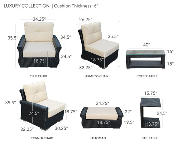 Fully Assembled Rainshield Patio Furniture - Luxury 7-Piece Oversized Sectional - with 6-inch Water Protected Cushions