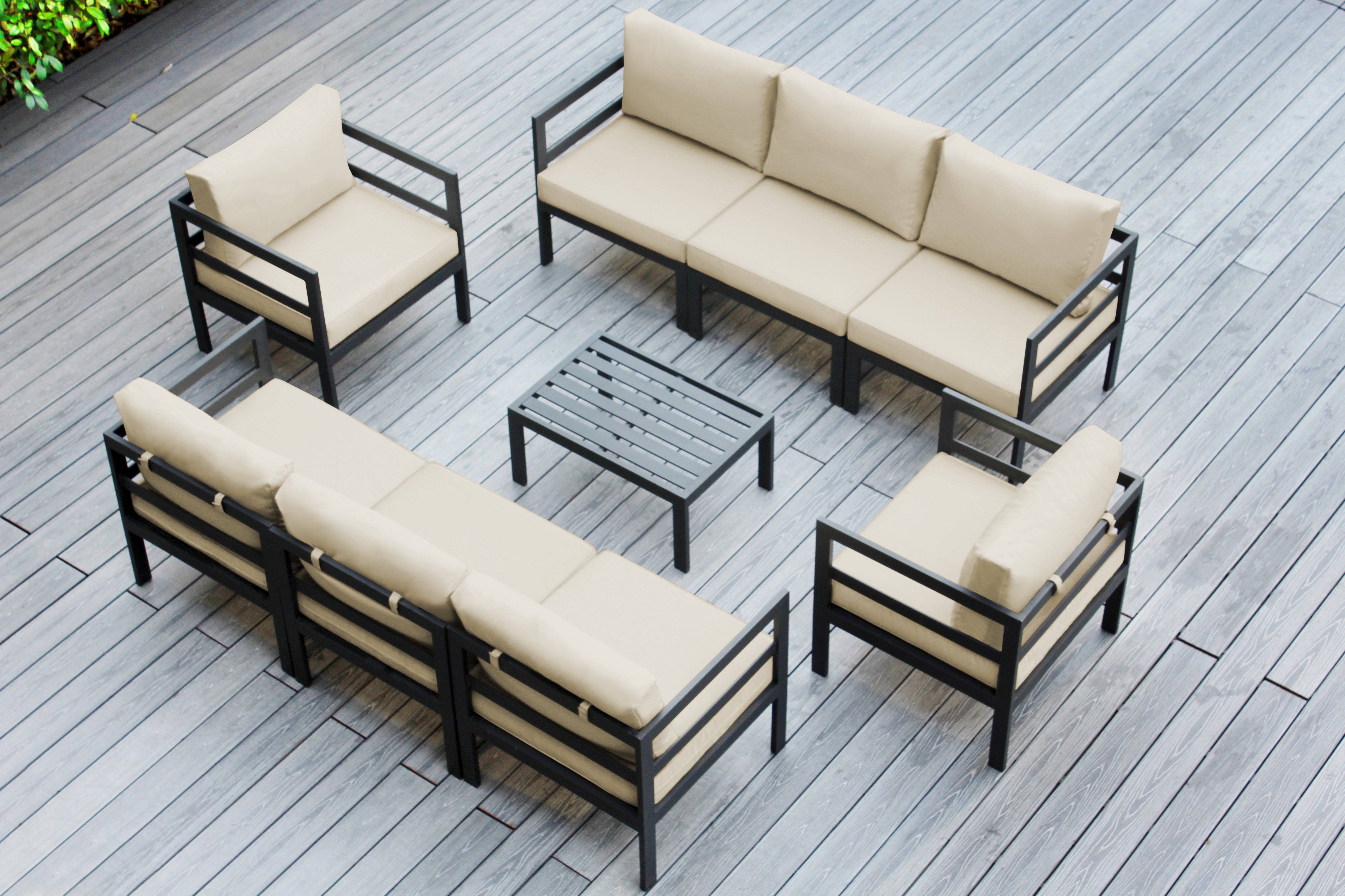 Fully Assembled Rainshield Patio Furniture - 9 Piece Aluminum Outdoor Sectional with Water Protected Outdoor Cushions