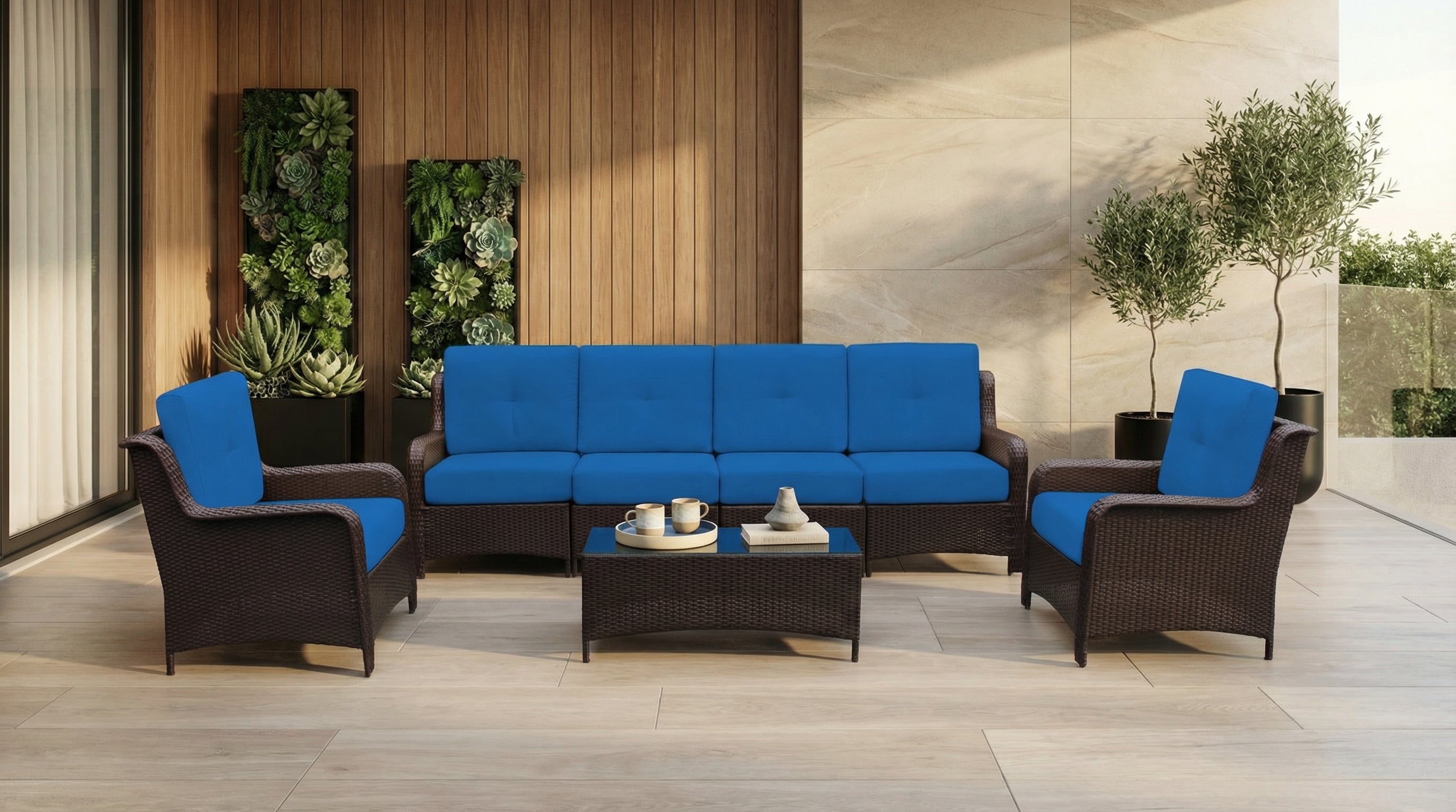 Fully Assembled Rainshield Patio Furniture - Summit 7-Piece High-Back Seating Set with Armchairs and 6" RainShield Cushions