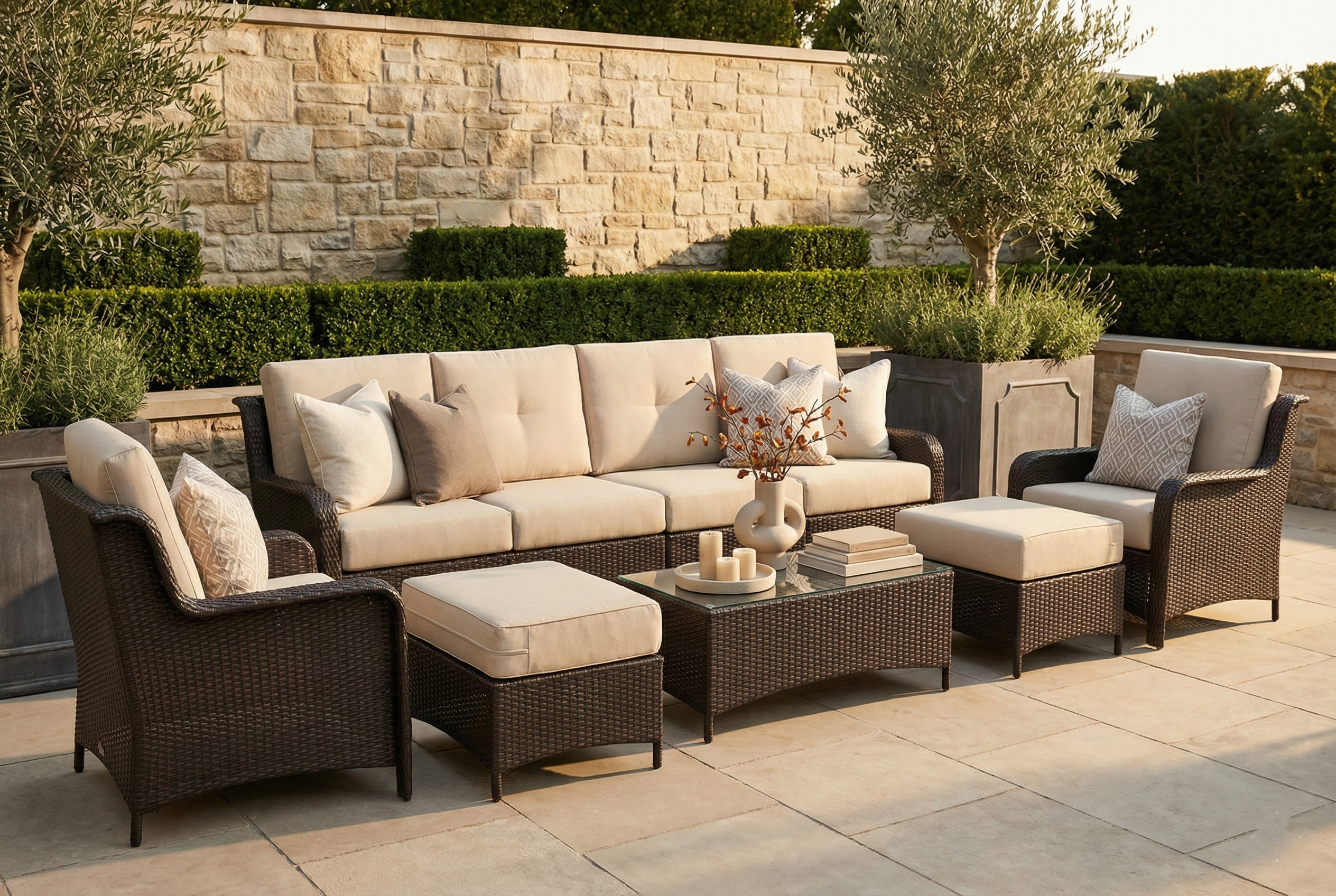 Fully Assembled Rainshield Patio Furniture - Summit 9-Piece Oversized High-Back Seating Set with 6" Rainshield Cushions