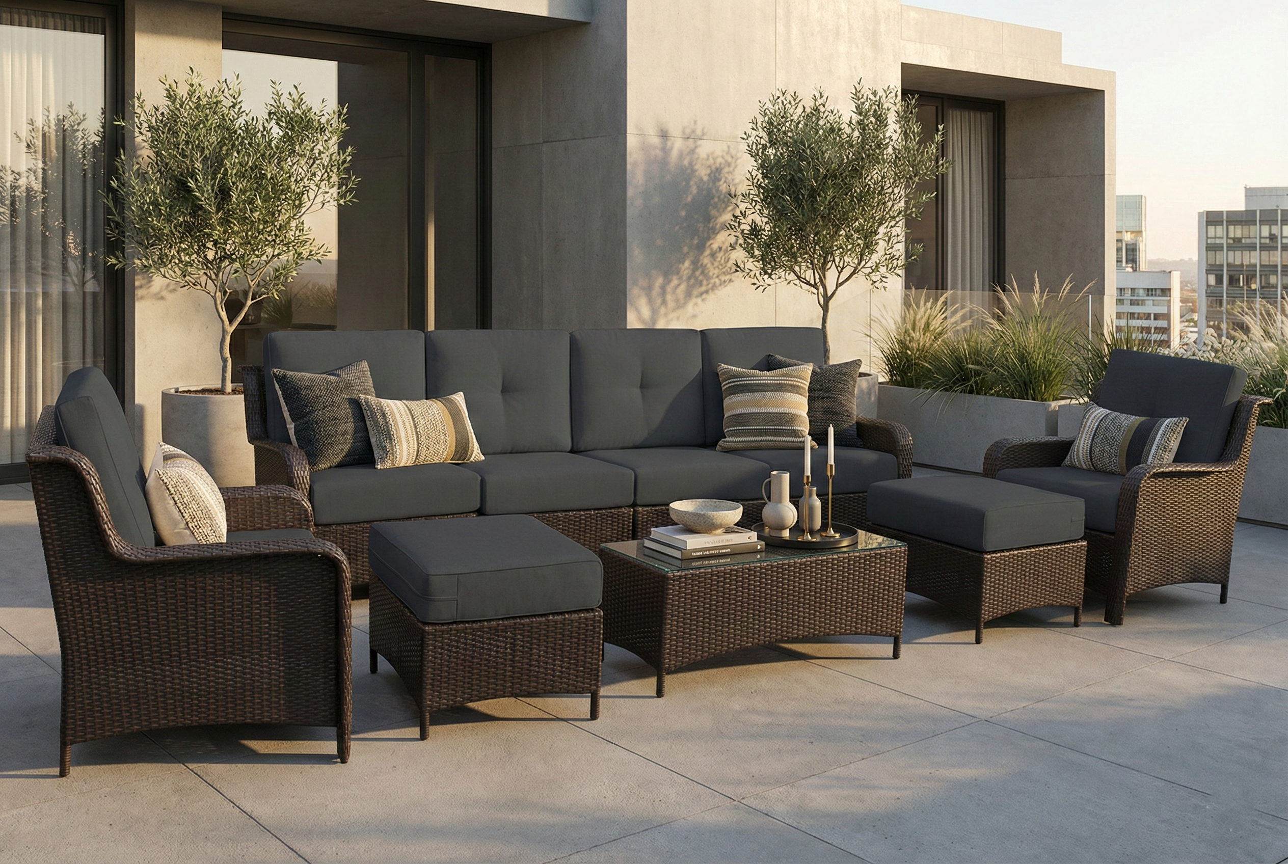 Fully Assembled Rainshield Patio Furniture - Summit 9-Piece Oversized High-Back Seating Set with 6" Rainshield Cushions