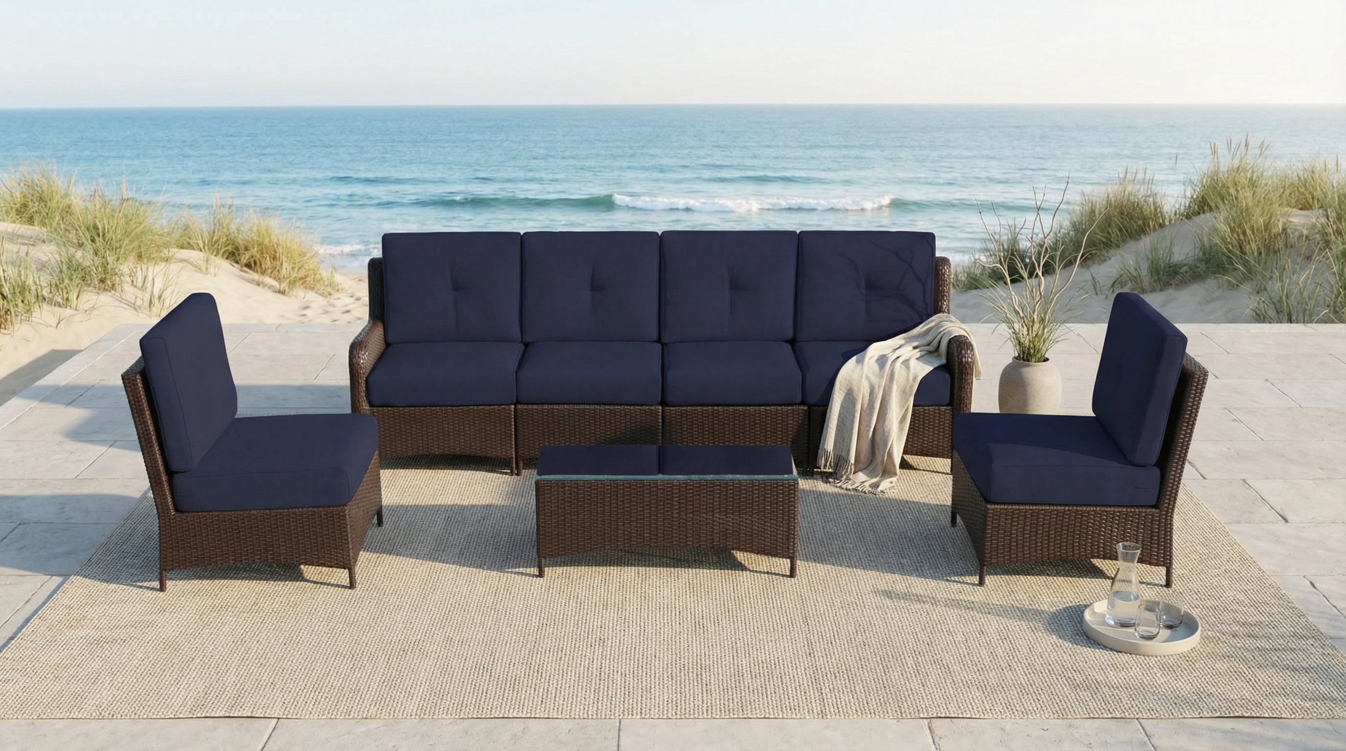 Fully Assembled Rainshield Patio Furniture - Summit 7-Piece High-Back Sectional with 6" RainShield Cushions