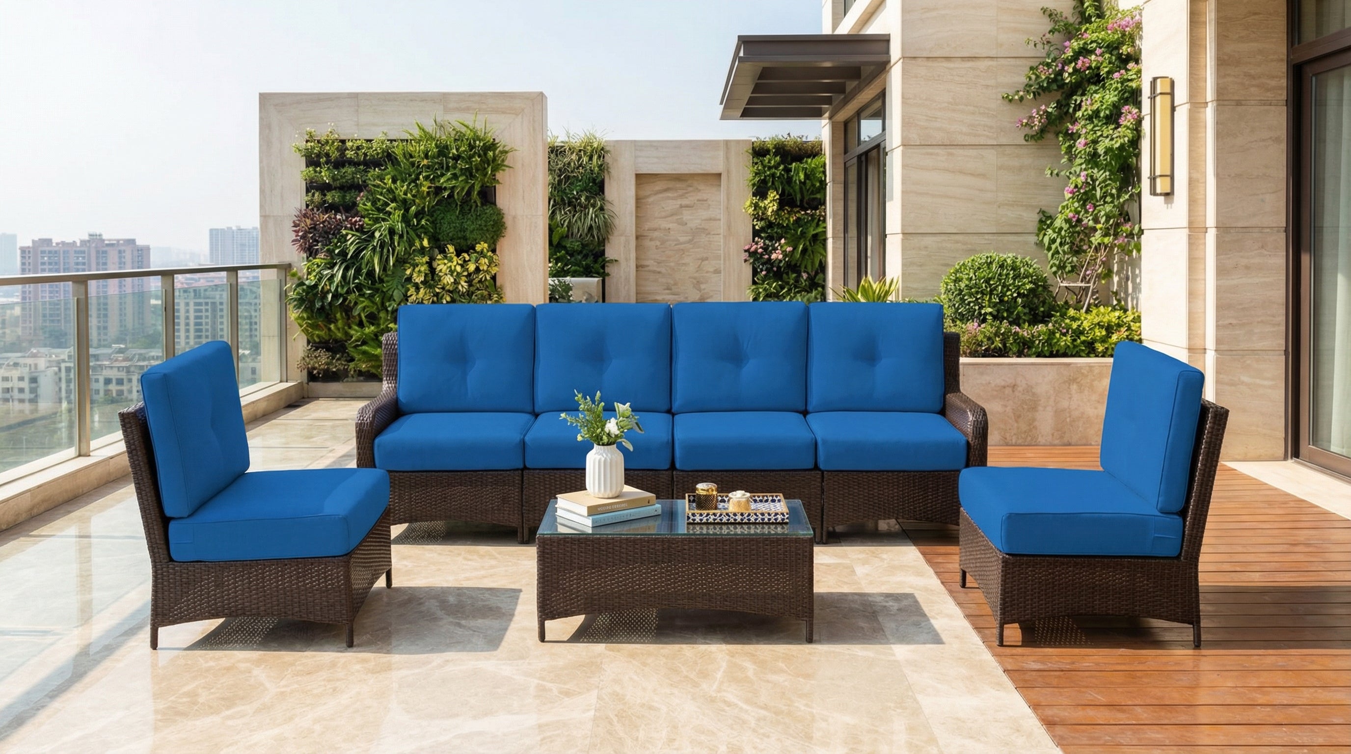 Fully Assembled Rainshield Patio Furniture - Summit 7-Piece High-Back Sectional with 6" RainShield Cushions