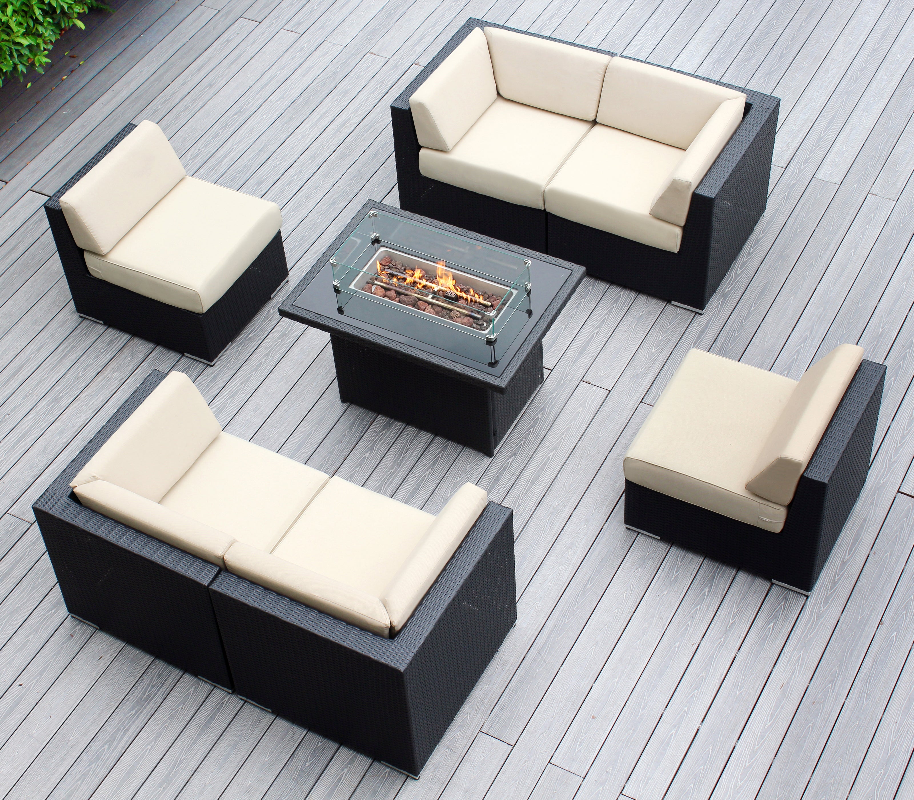 Rainshield Patio Furniture - Ohana 7 Piece Sectional with 6" Cushions and 42" Fire Table