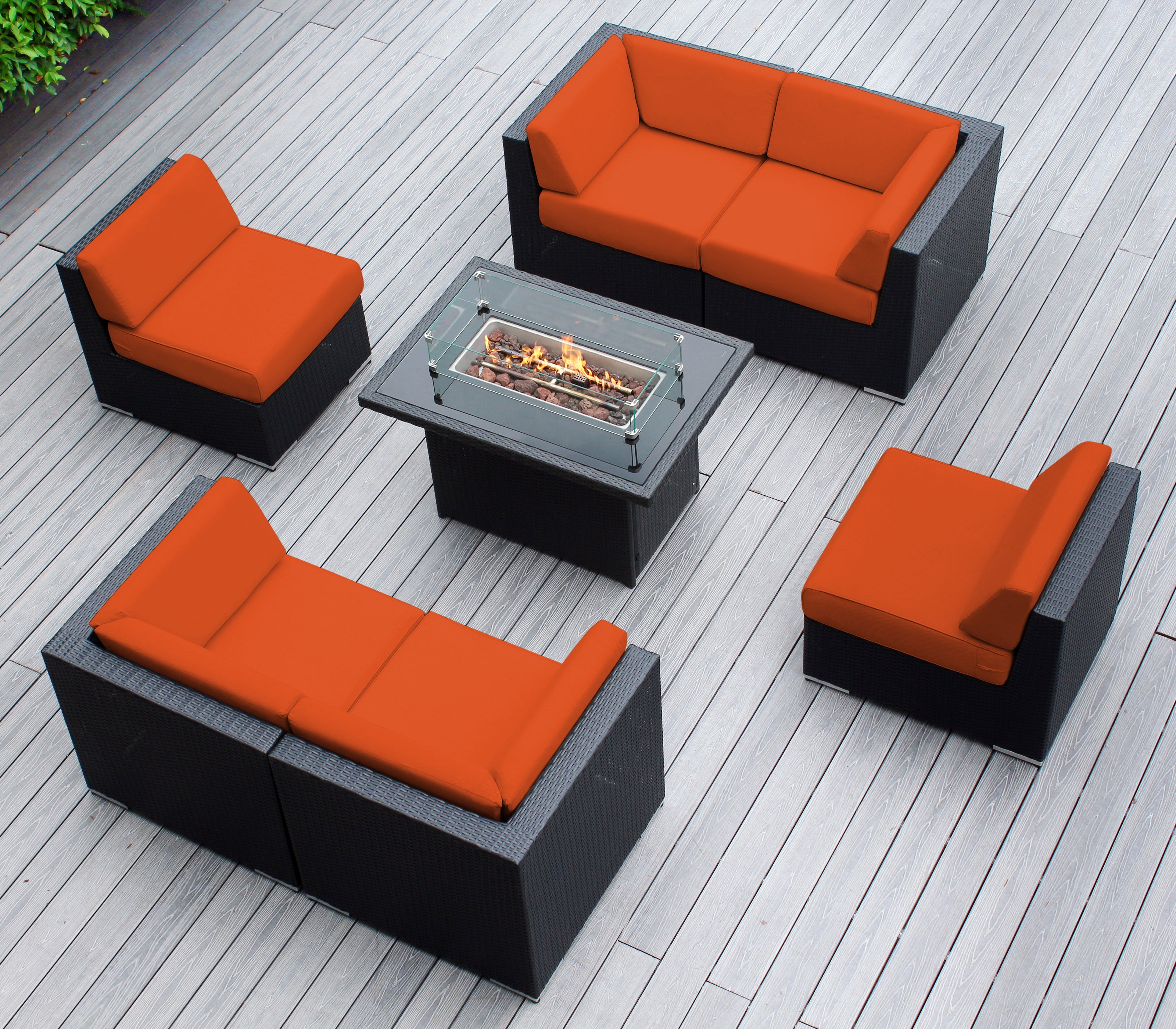 Rainshield Patio Furniture - Ohana 7 Piece Sectional with 6" Cushions and 42" Fire Table