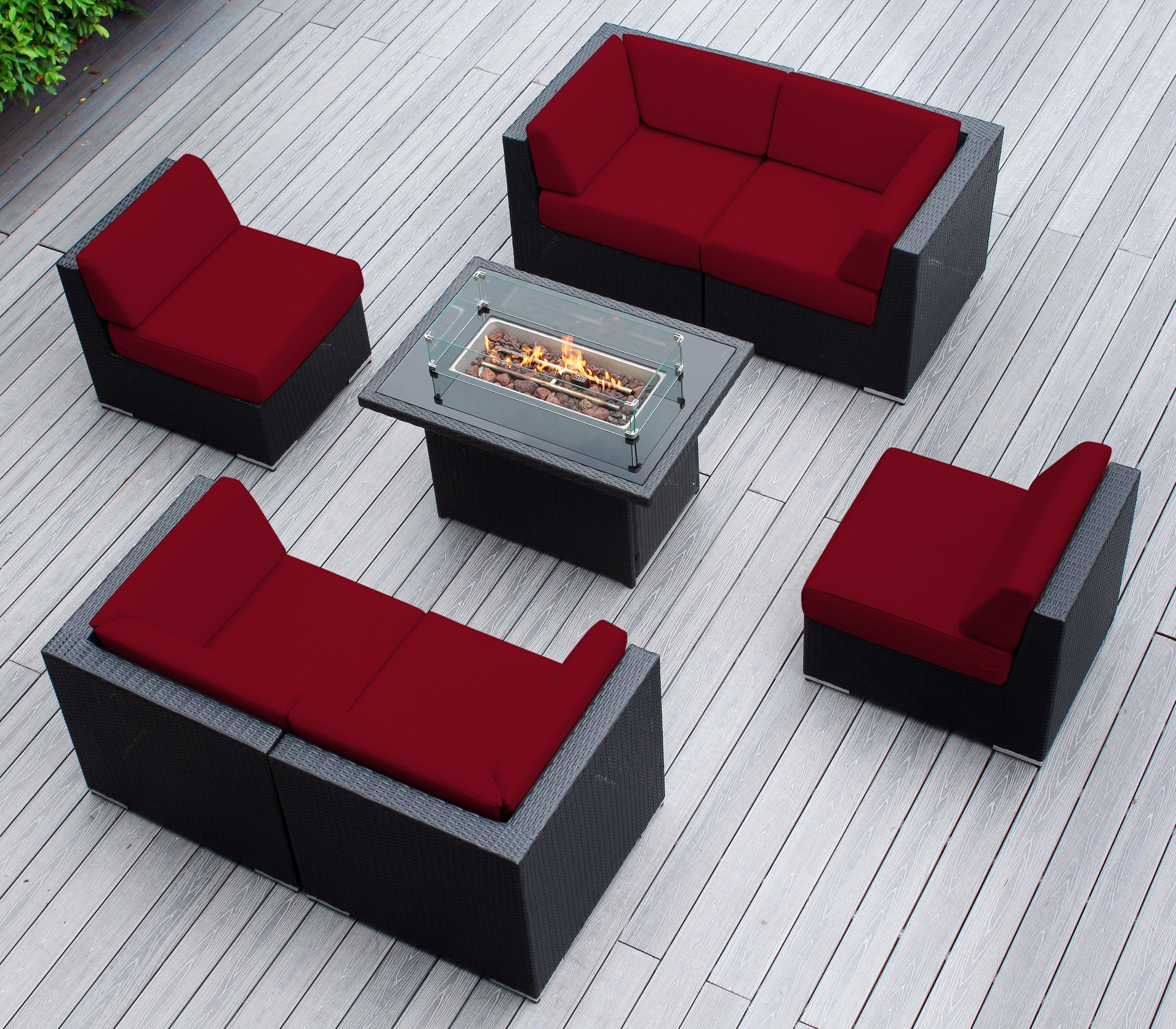 Rainshield Patio Furniture - Ohana 7 Piece Sectional with 6" Cushions and 42" Fire Table