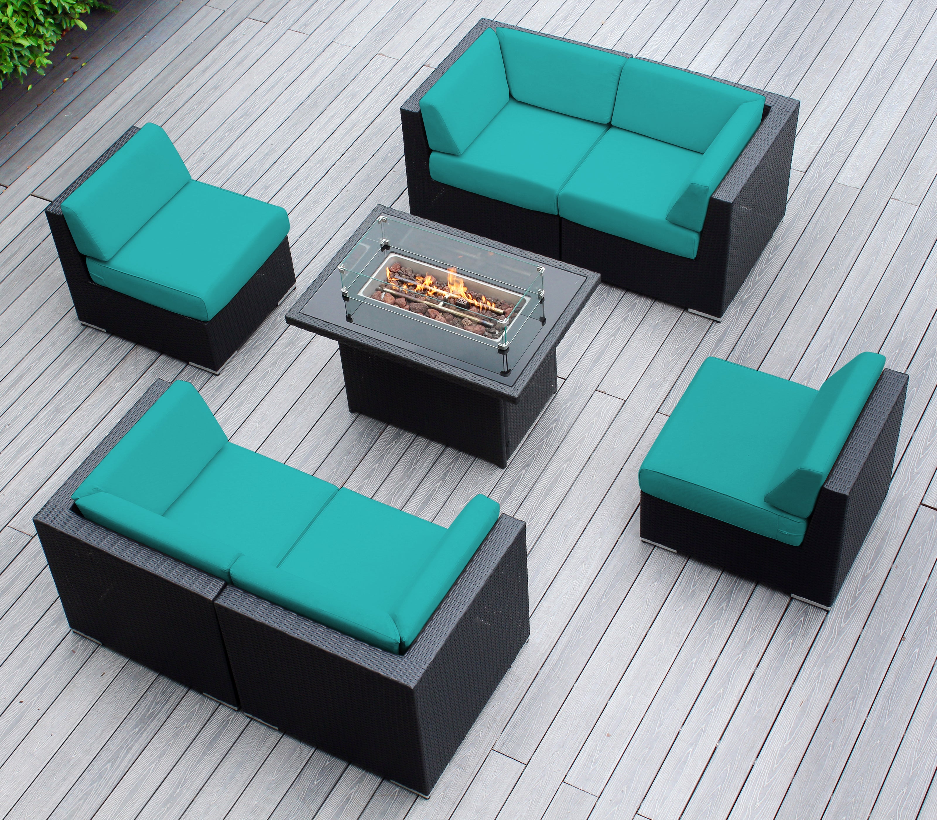 Rainshield Patio Furniture - Ohana 7 Piece Sectional with 6" Cushions and 42" Fire Table