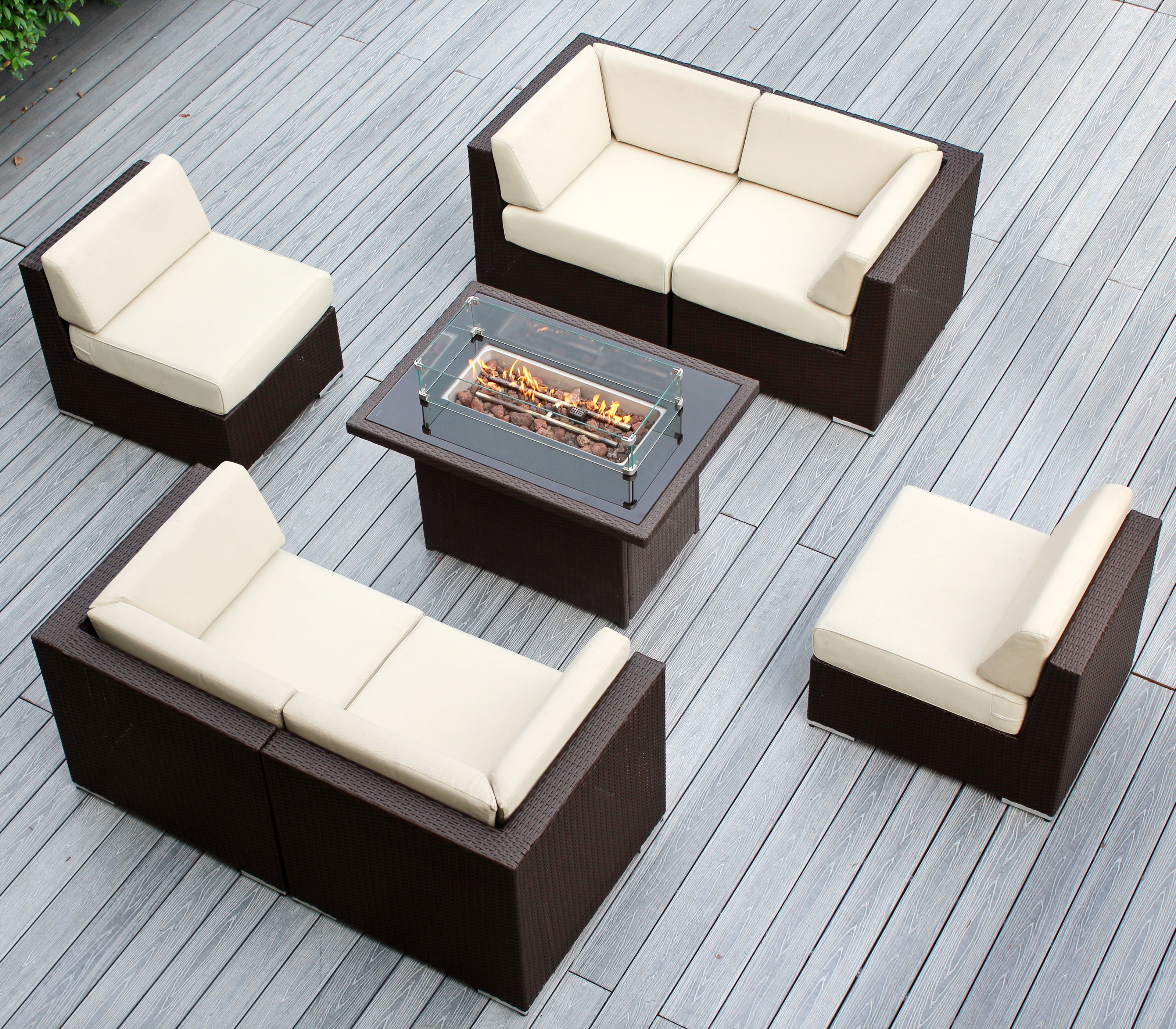 Rainshield Patio Furniture - Ohana 7 Piece Sectional with 6" Cushions and 42" Fire Table