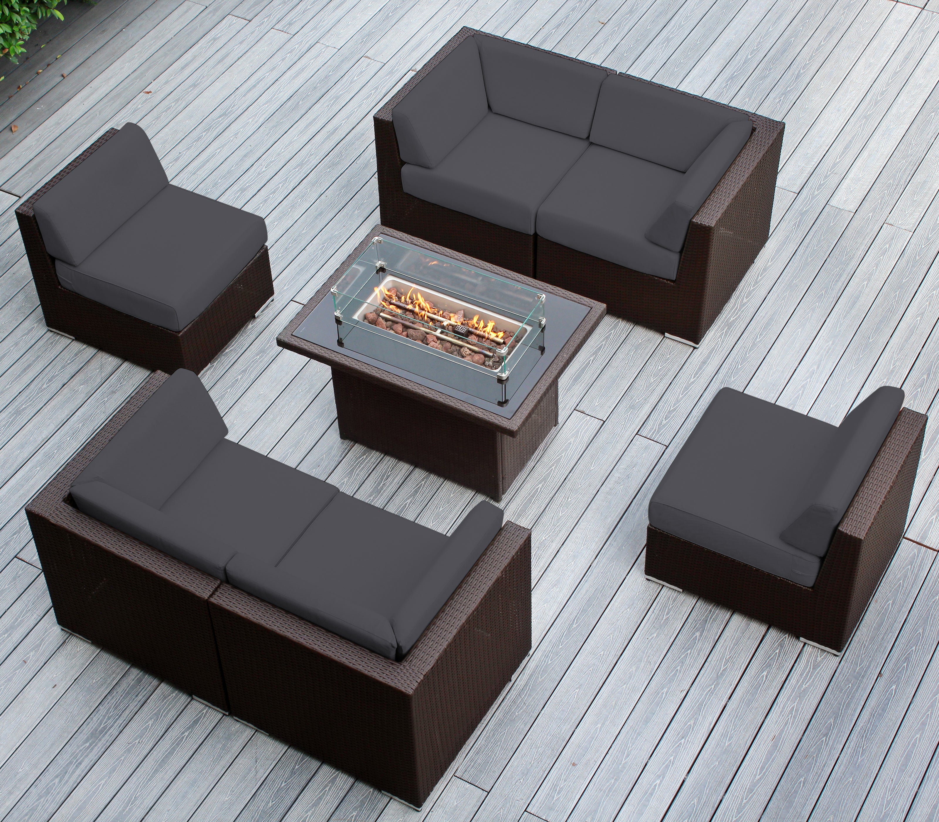 Rainshield Patio Furniture - Ohana 7 Piece Sectional with 6" Cushions and 42" Fire Table