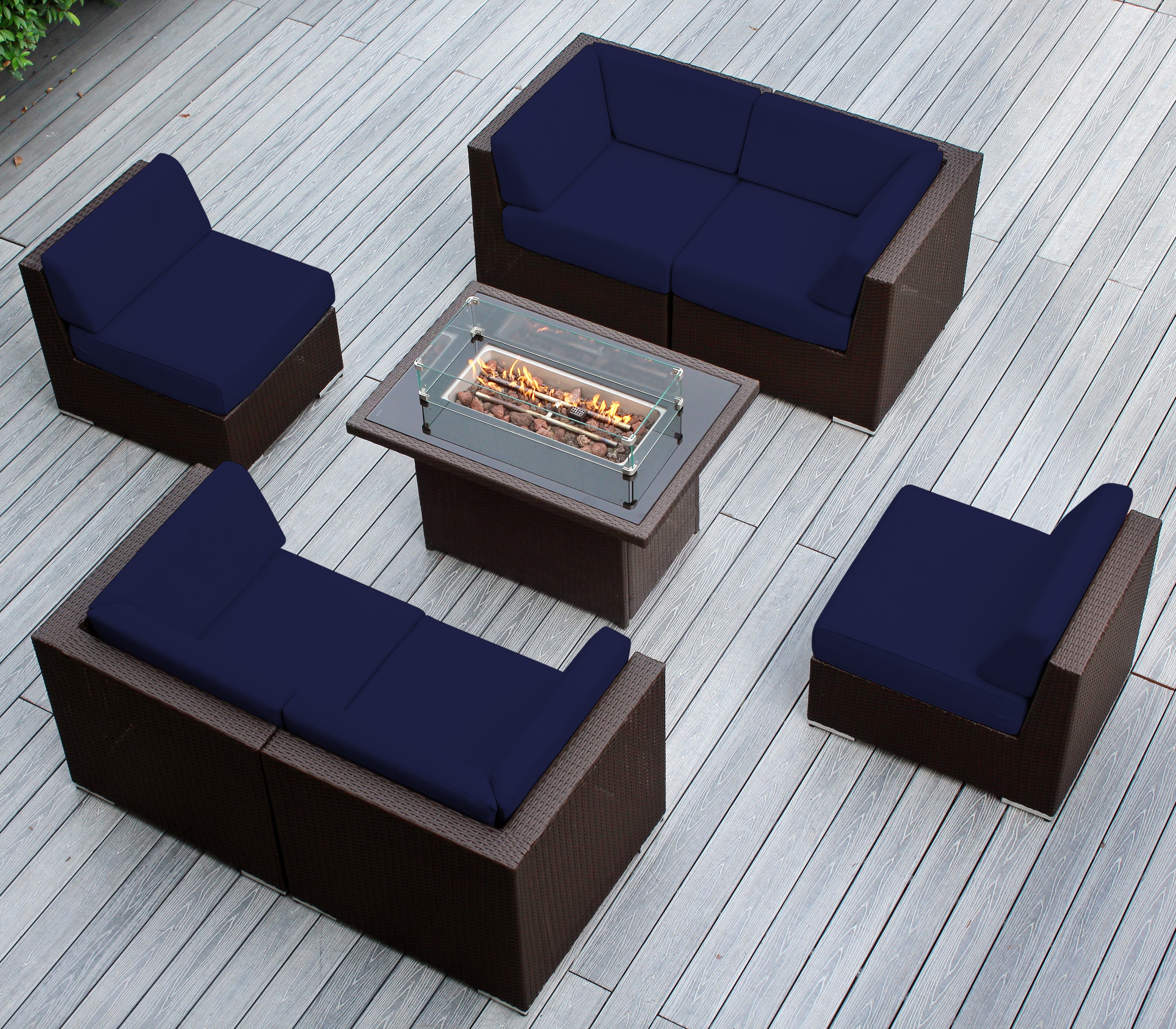 Rainshield Patio Furniture - Ohana 7 Piece Sectional with 6" Cushions and 42" Fire Table